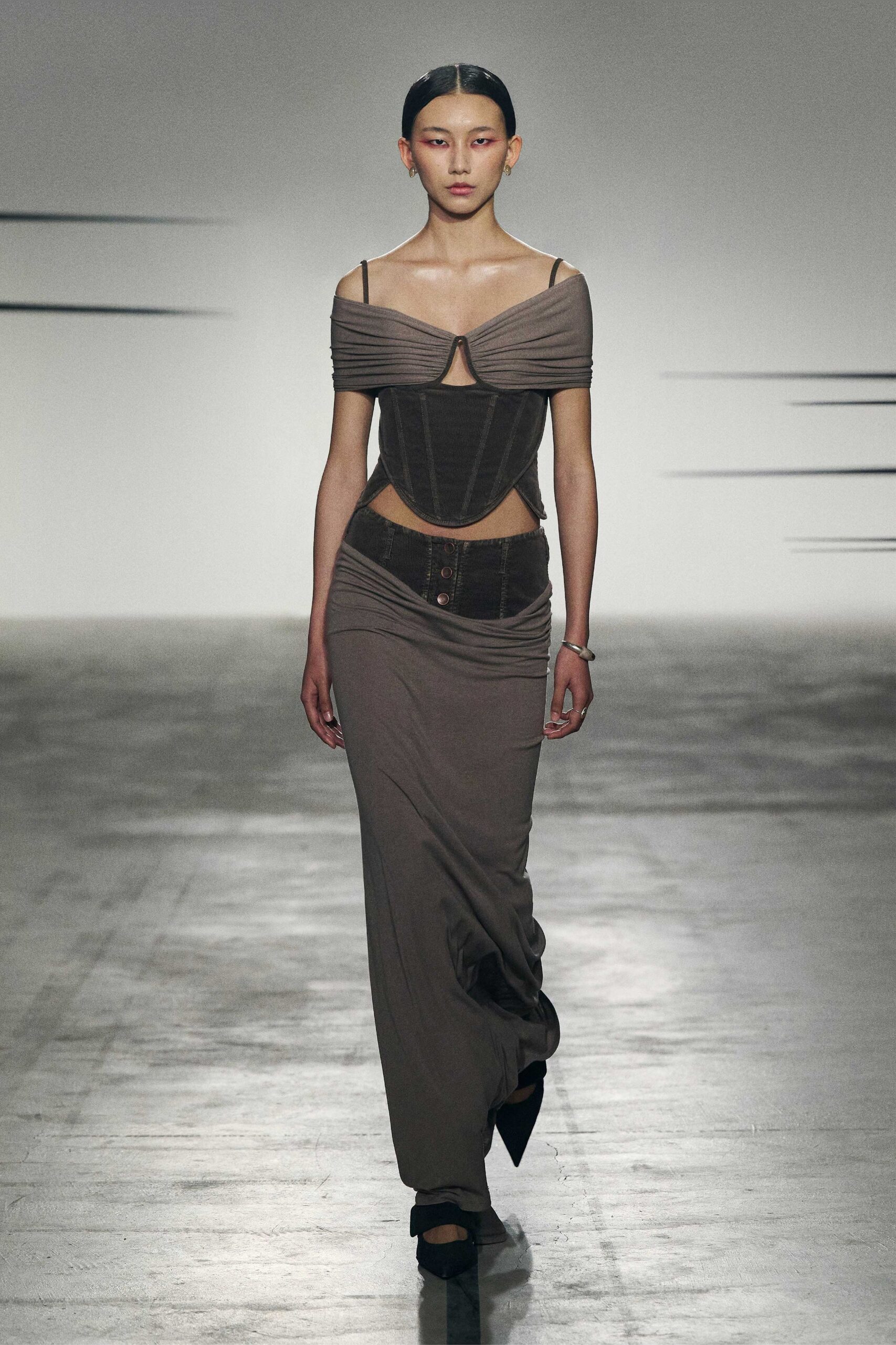 brown fitted off-shoulder dress