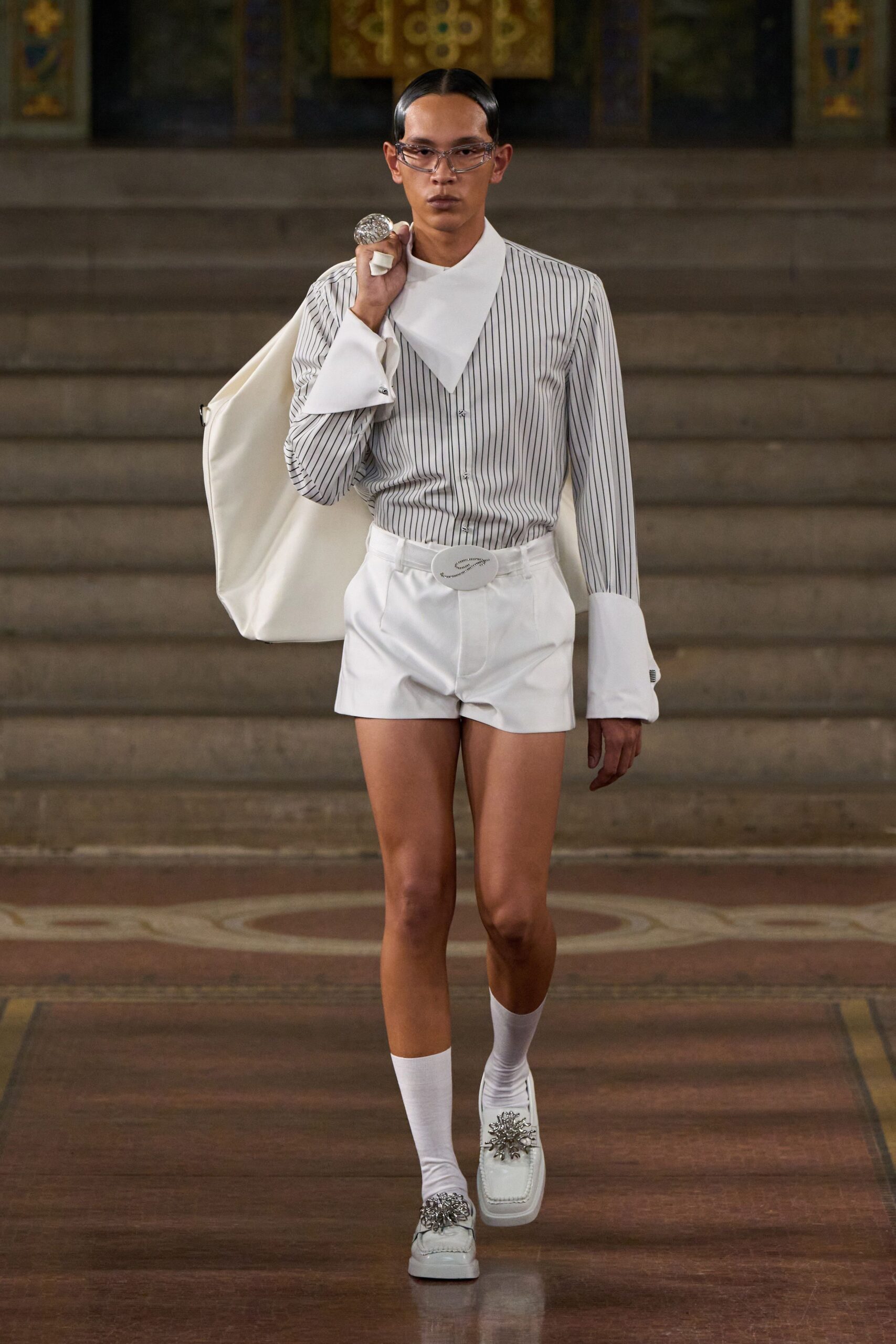 fitted white striped shirt and shorts