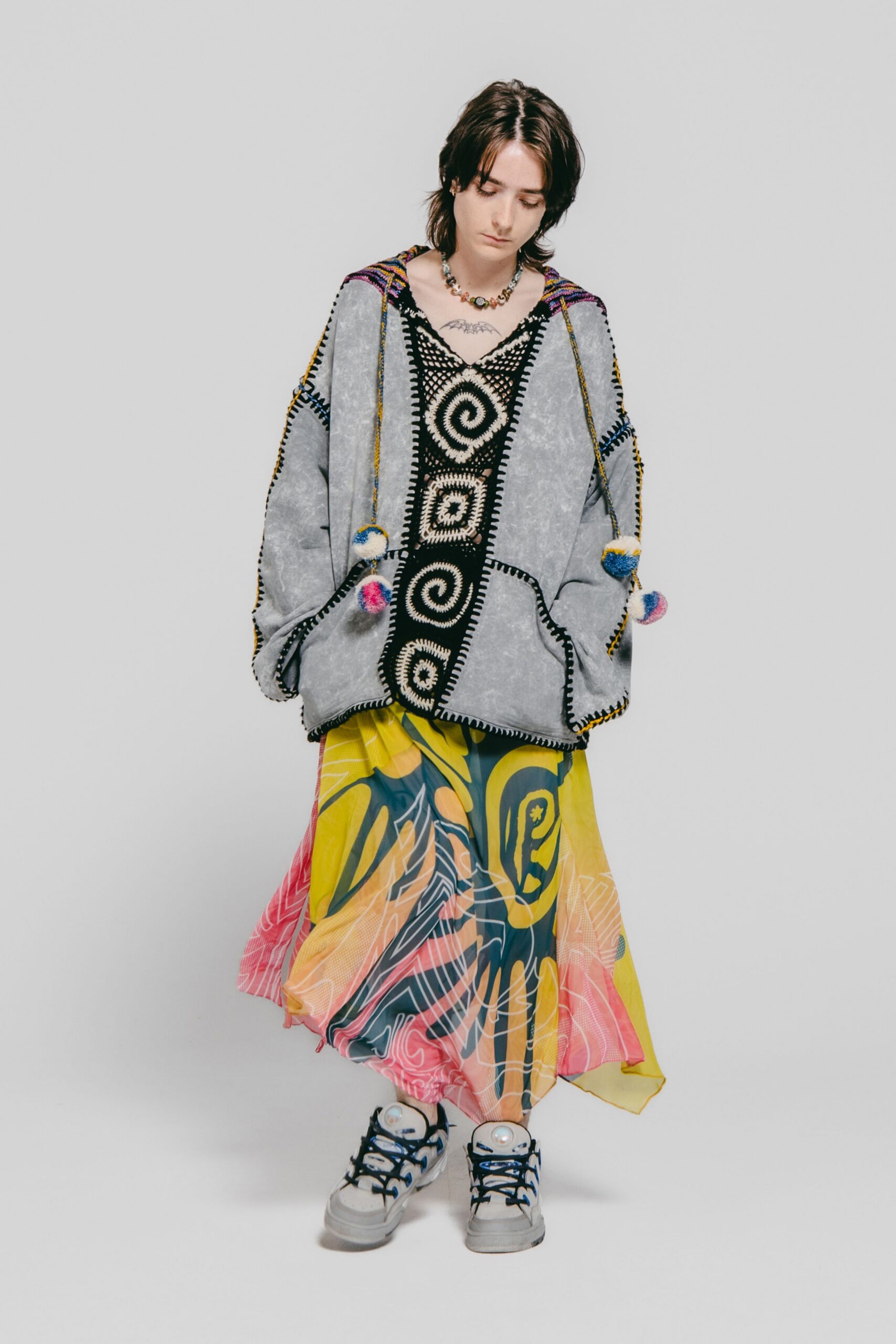 gray hoodie with printed maxi skirt