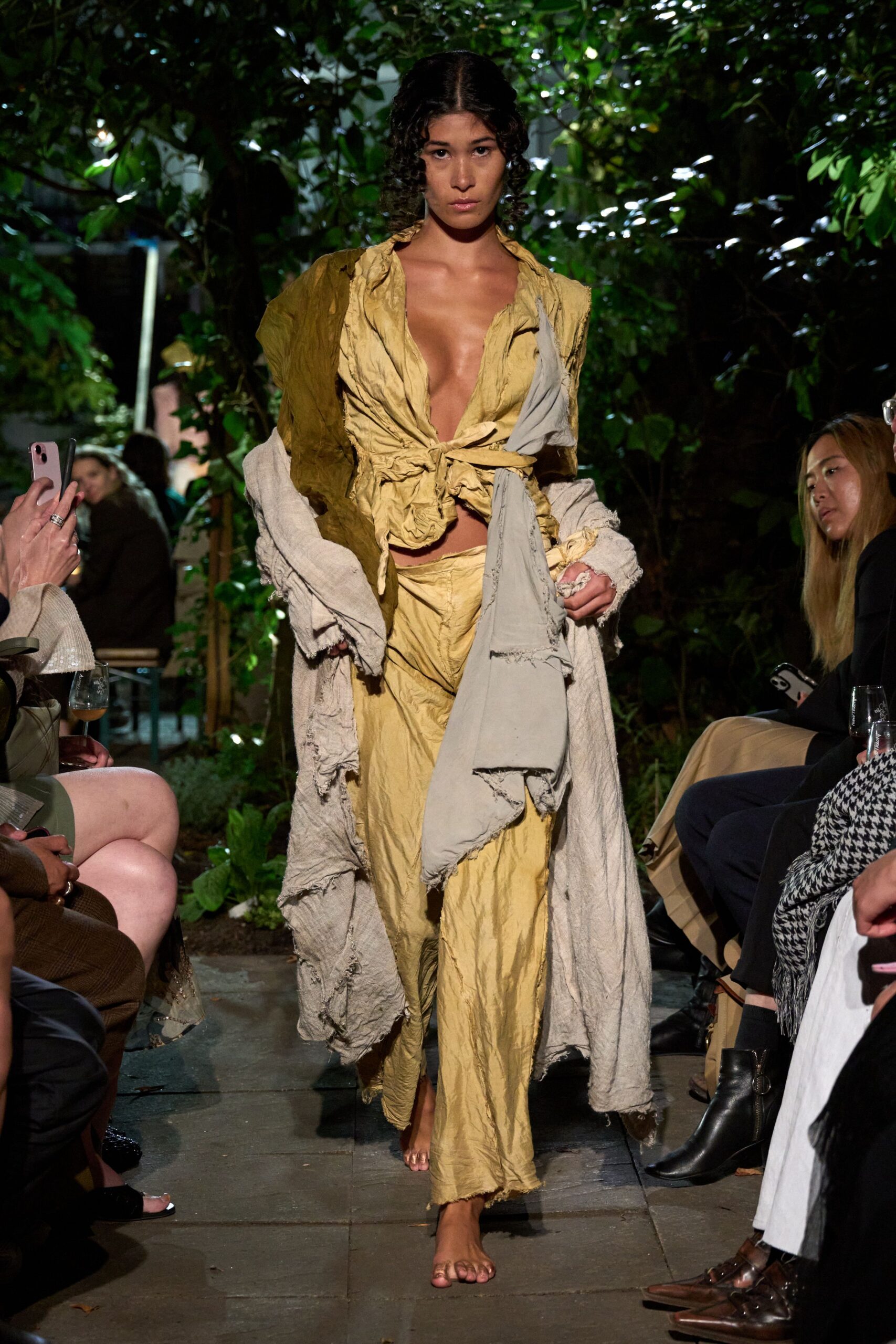 yellow relaxed dress with beige coat