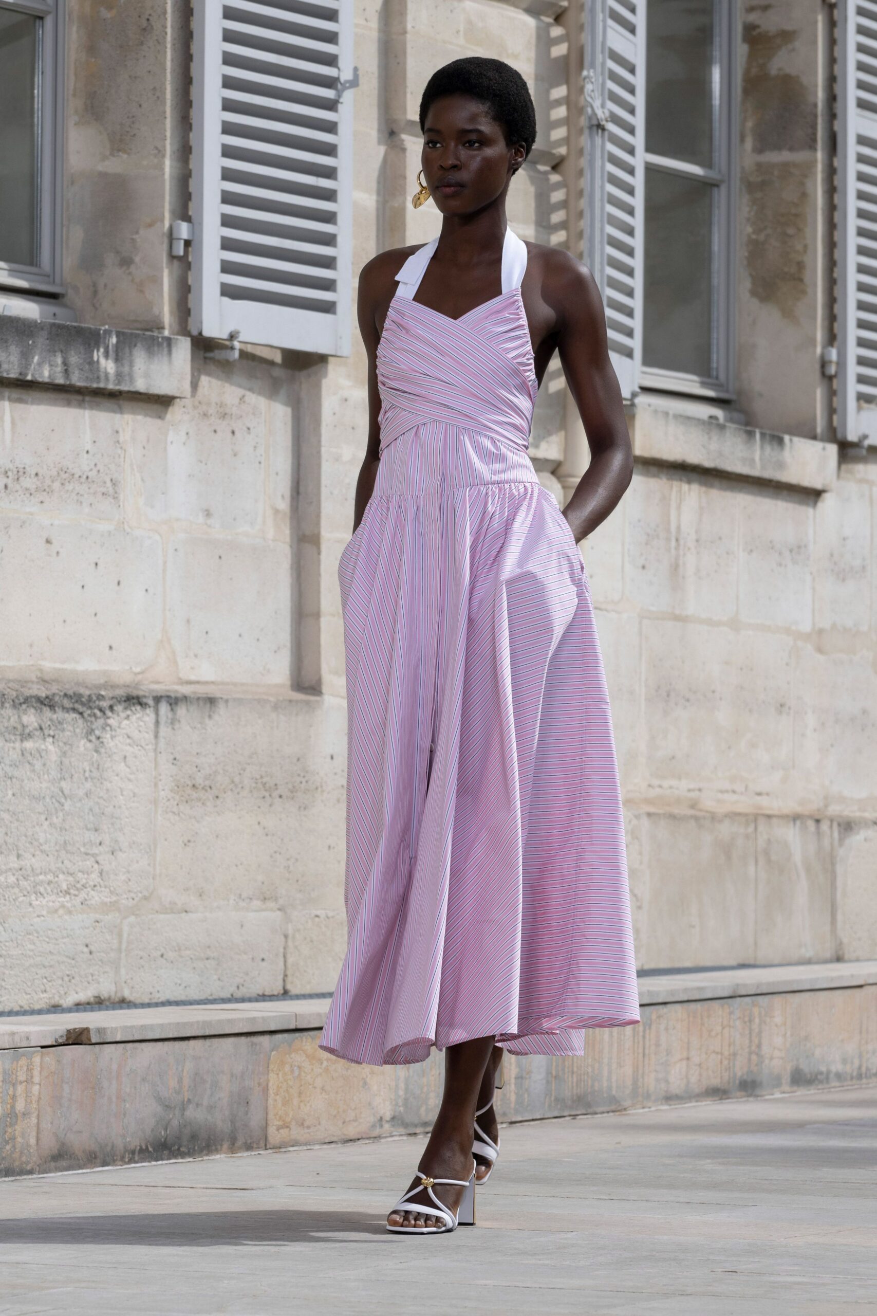 pink cotton sleeveless halter fitted pleated a-line dress