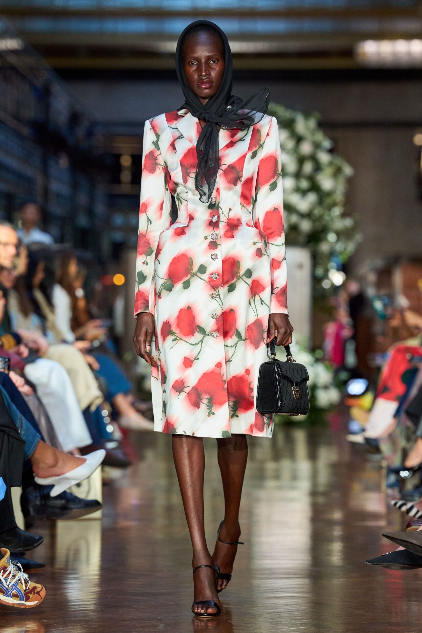 white silk long-sleeve collared fitted floral buttoned dress