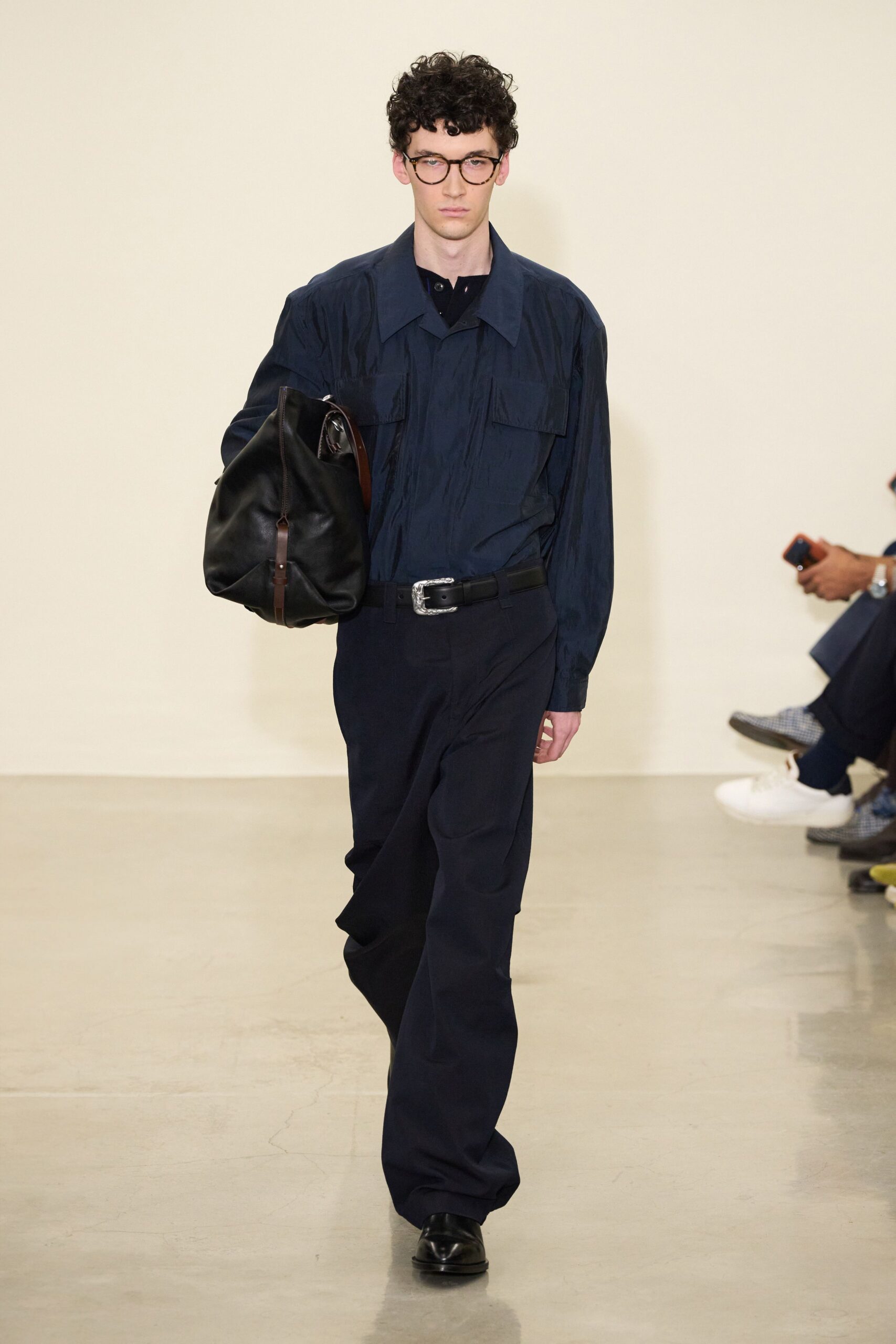 blue relaxed shirt with navy pants