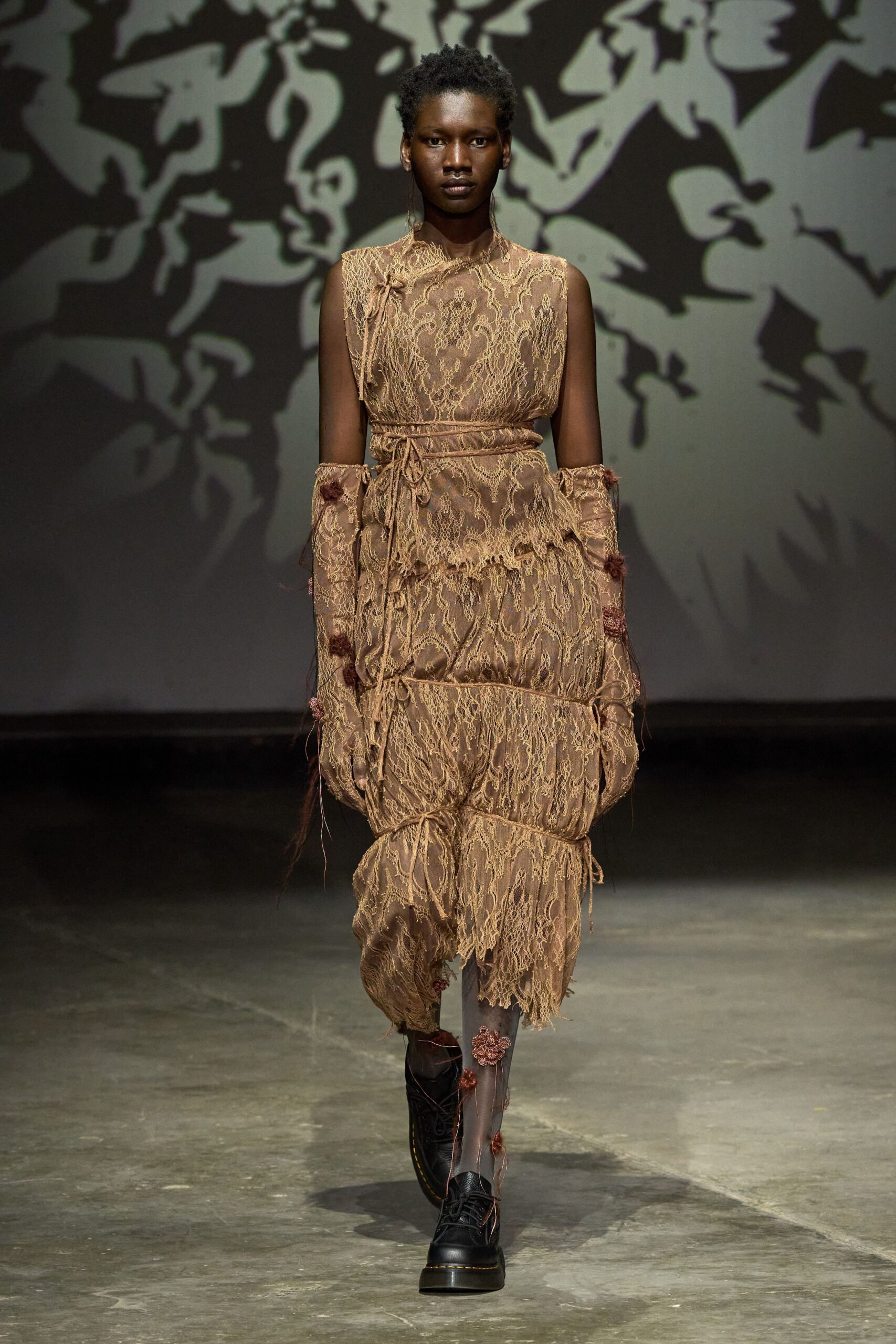 brown lace sleeveless high-neck fitted tiered ruffled dress