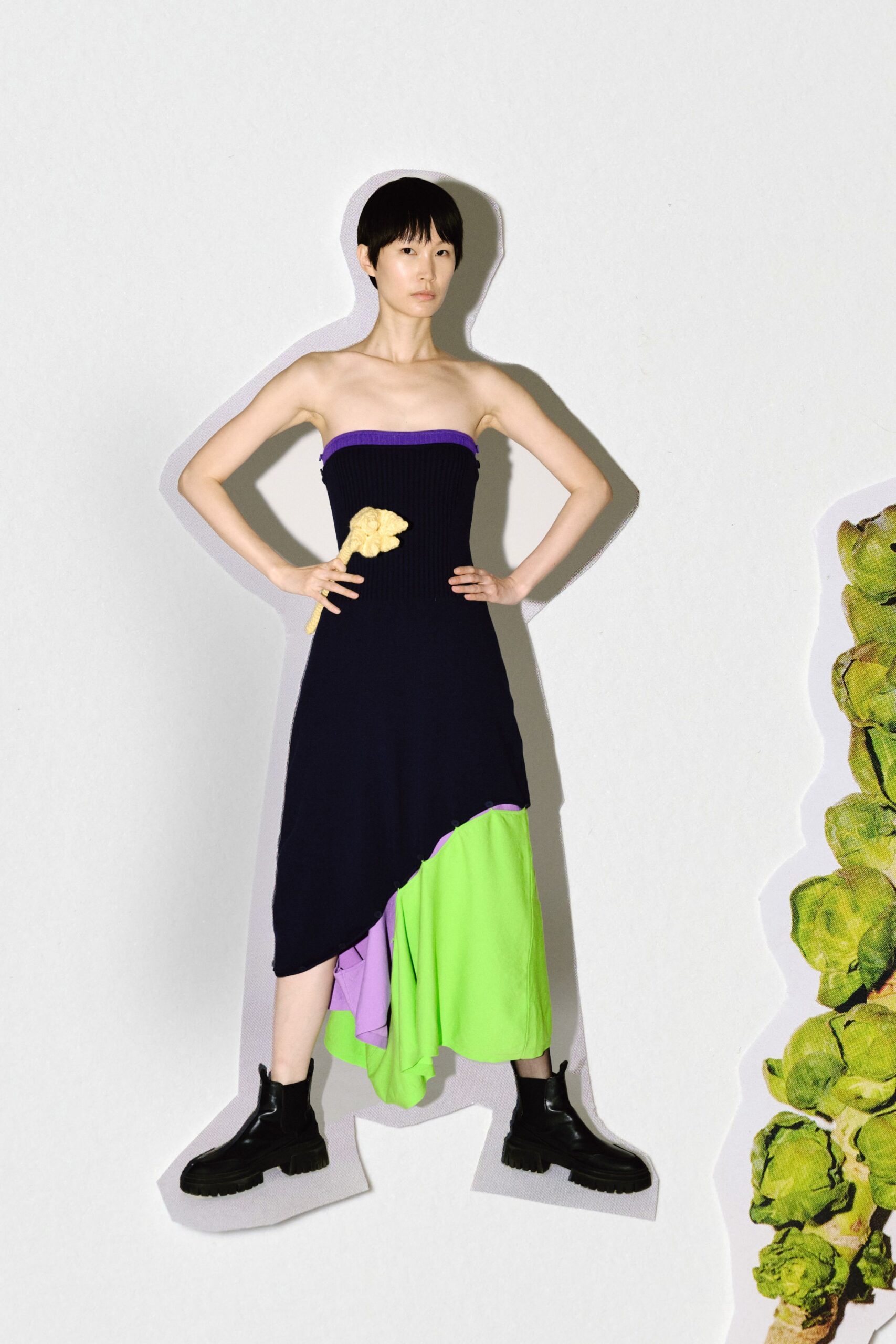 black cotton strapless asymmetric fitted layered midi dress