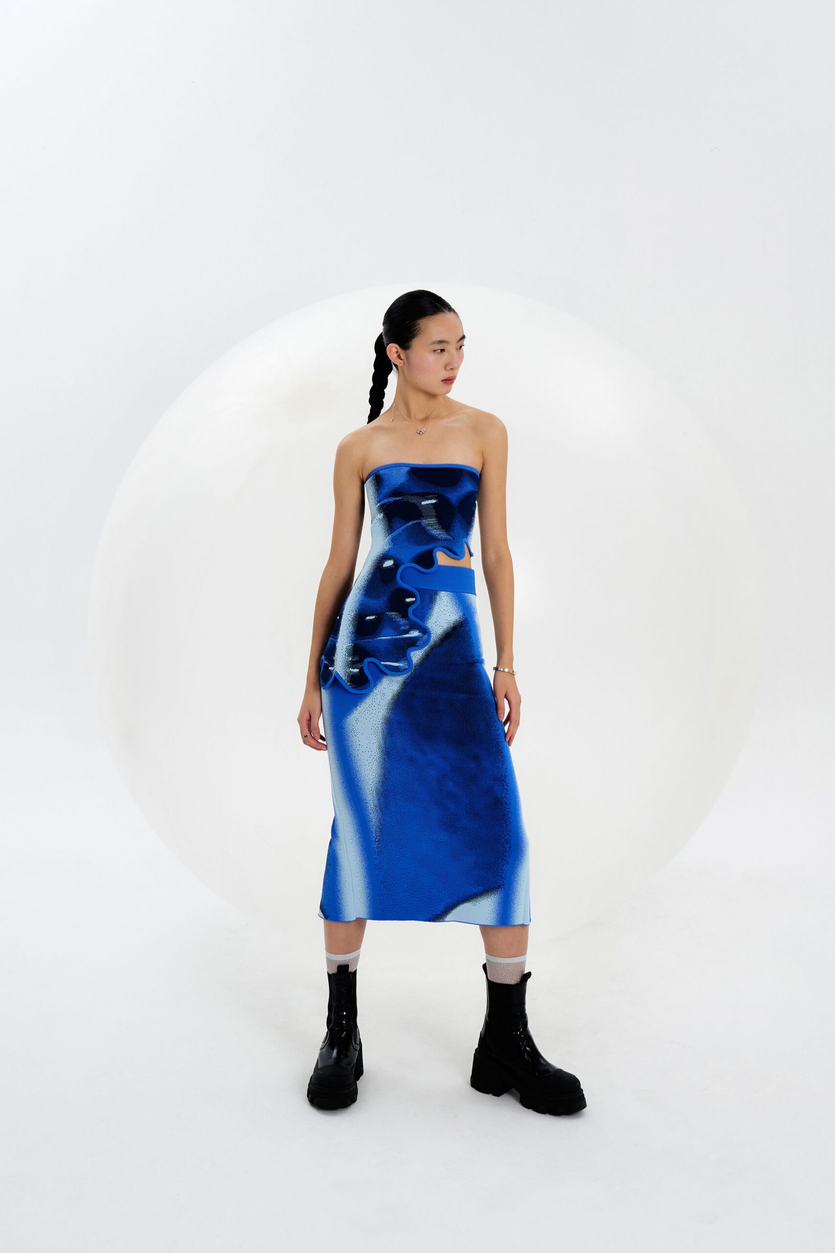 blue cotton strapless fitted ruffled midi dress