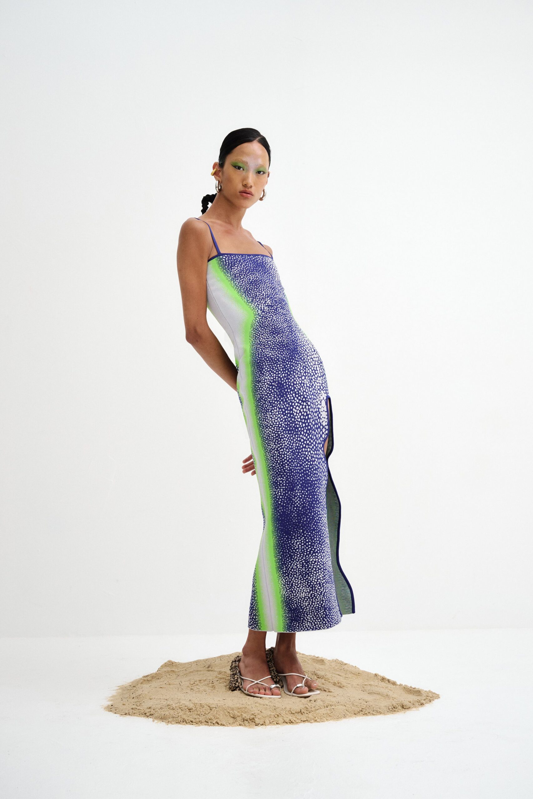 purple silk sleeveless v-neck fitted printed midi dress