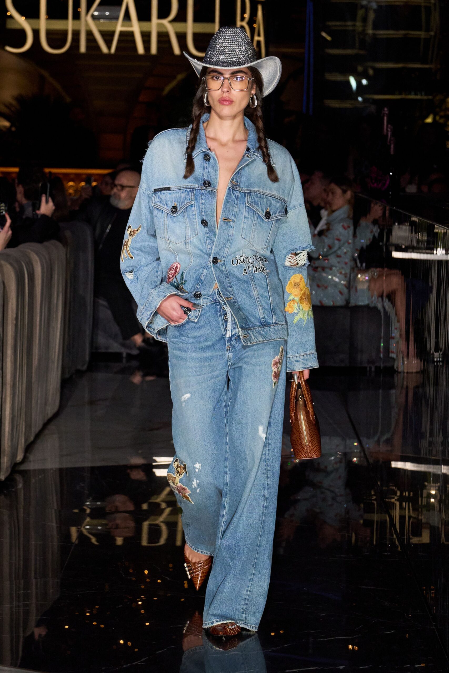 blue denim long-sleeve collared relaxed embroidered distressed jacket