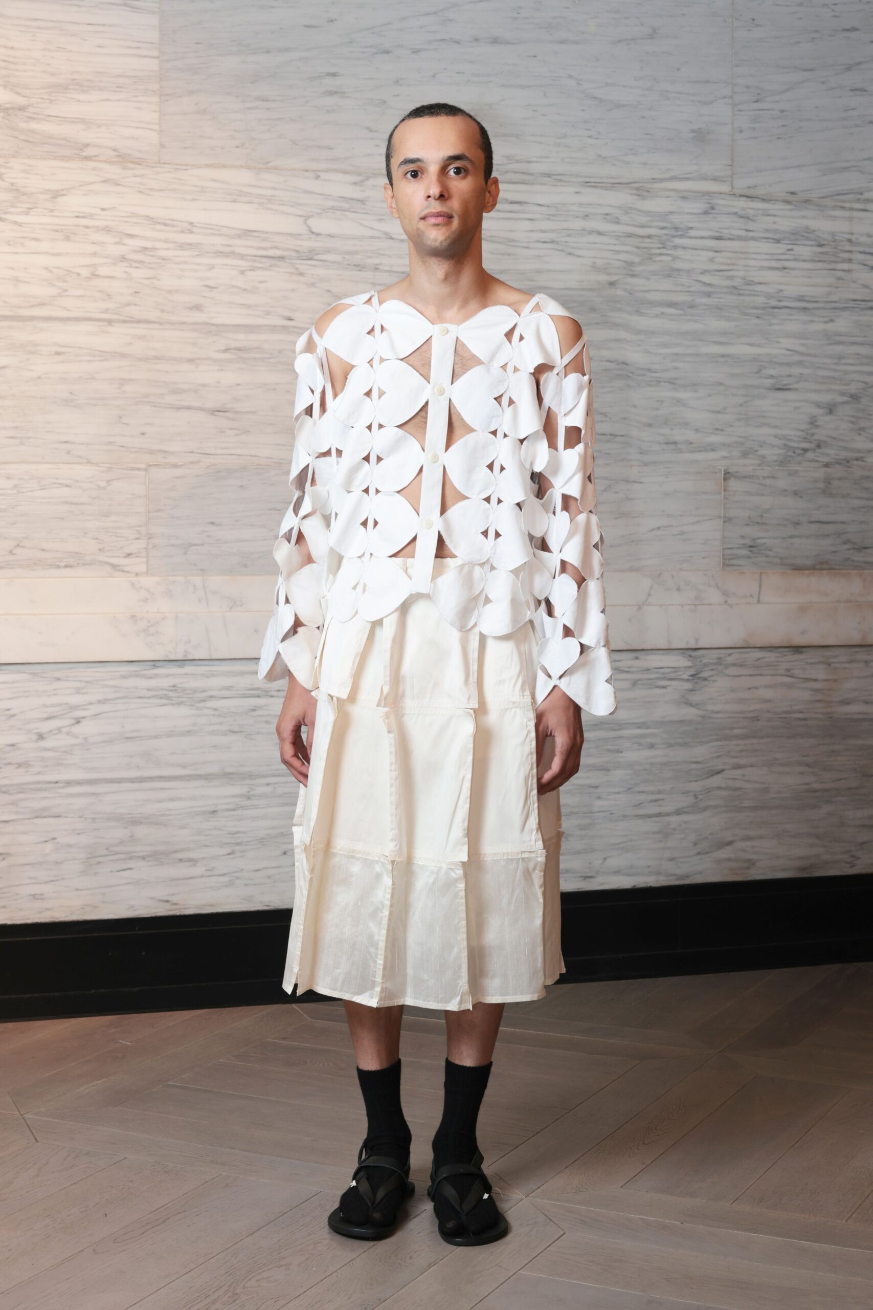 white cutout top beige midi skirt