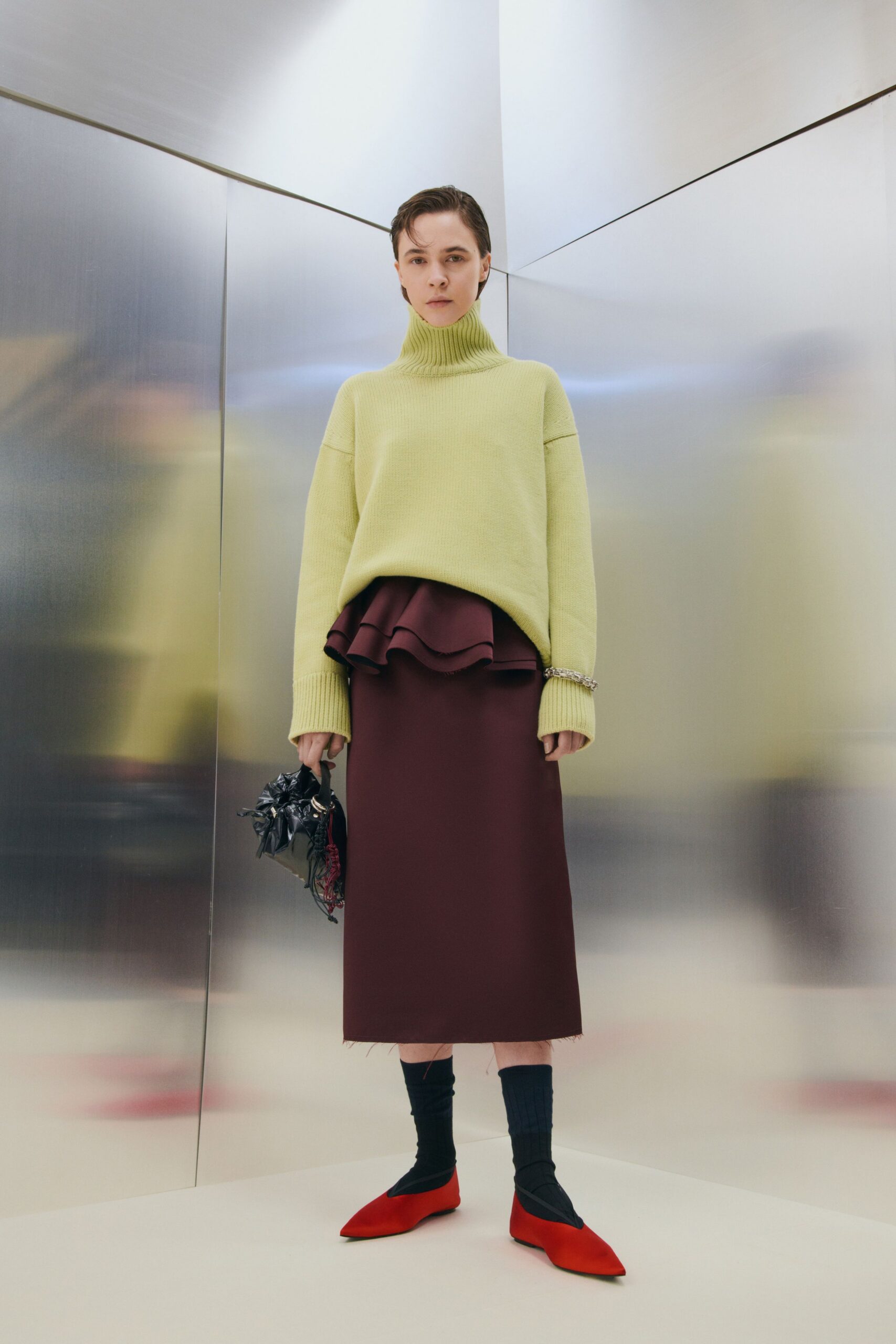 yellow wool long-sleeve turtleneck relaxed layered sweater