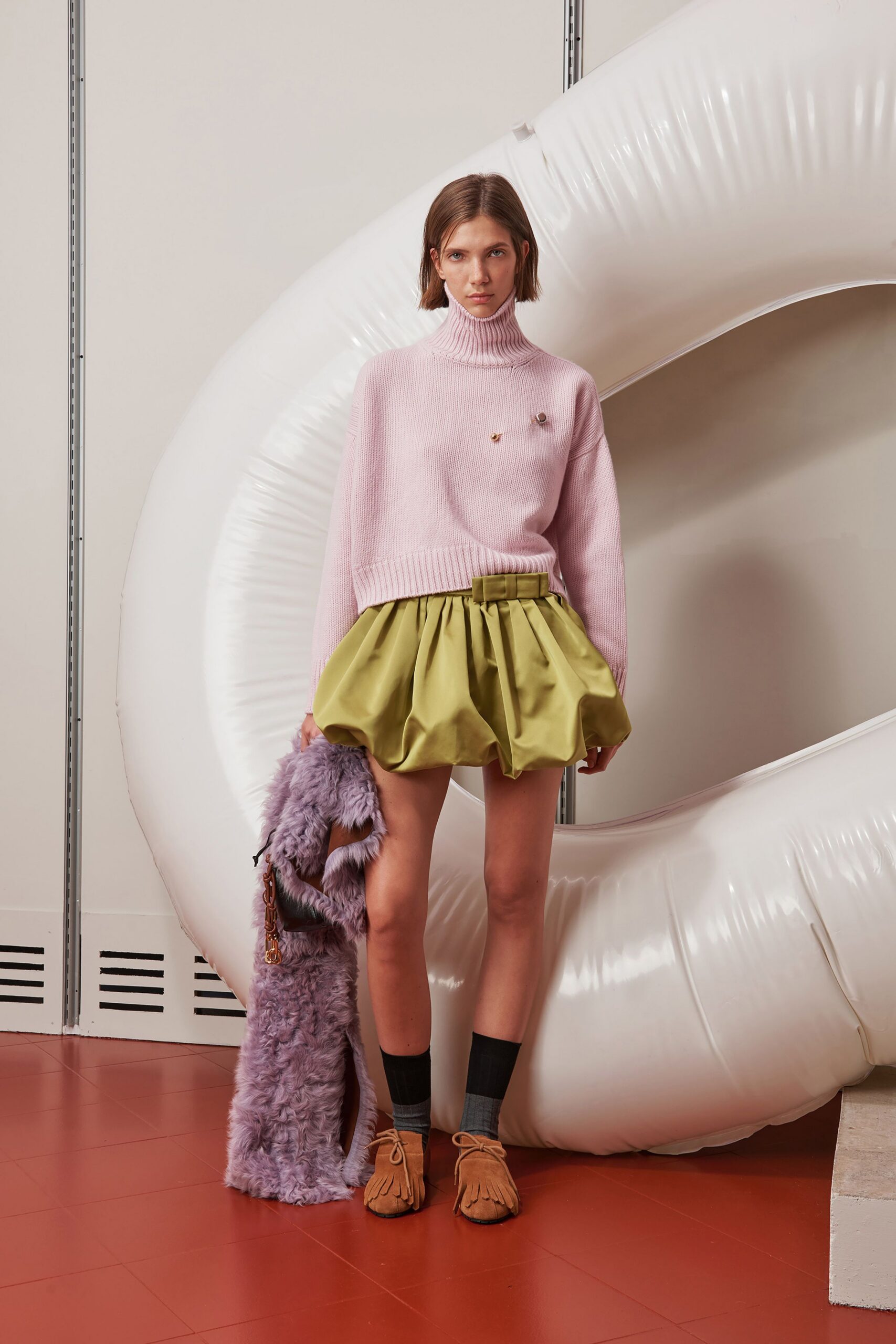 green silk relaxed pleated mini skirt