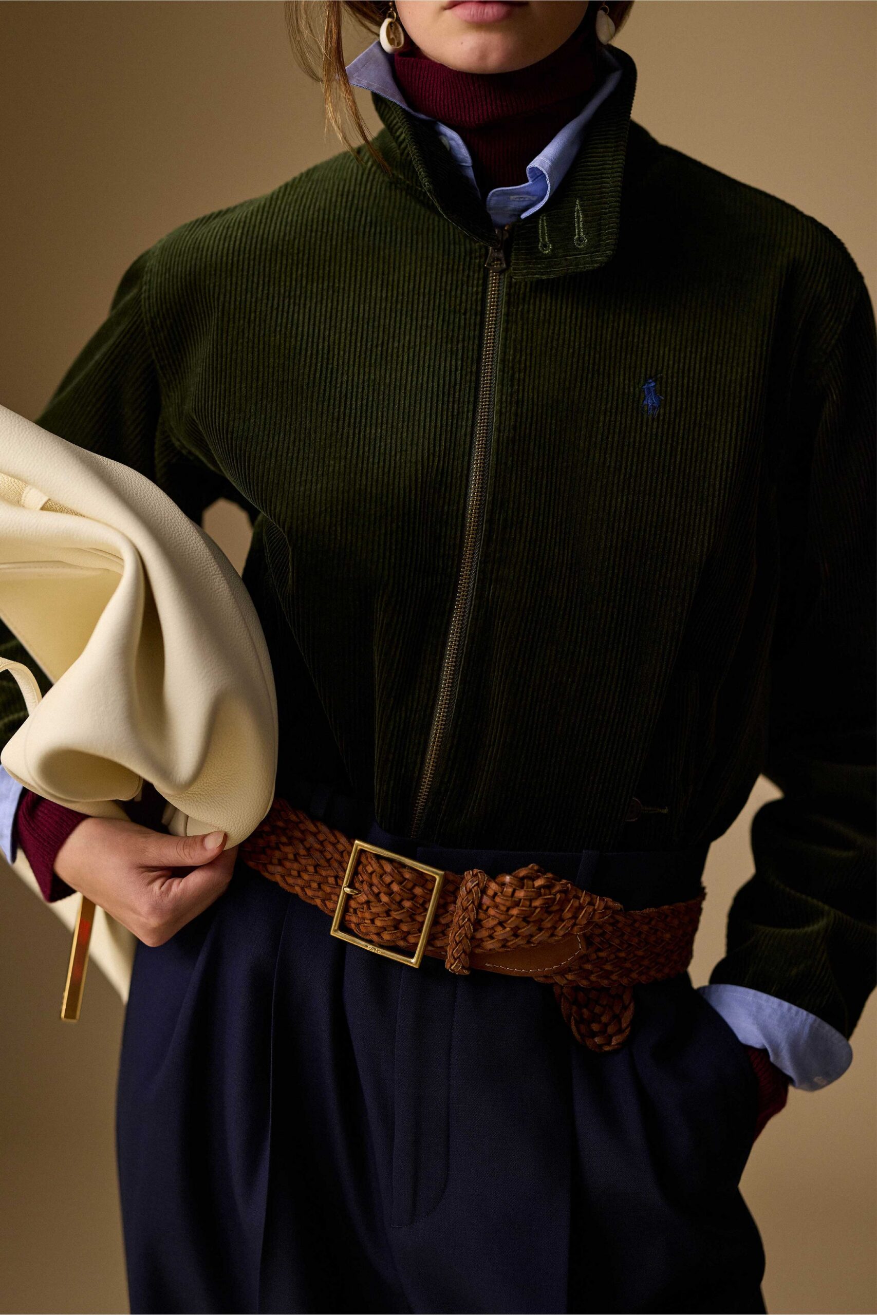 green cotton long-sleeve collared fitted zippered jacket
