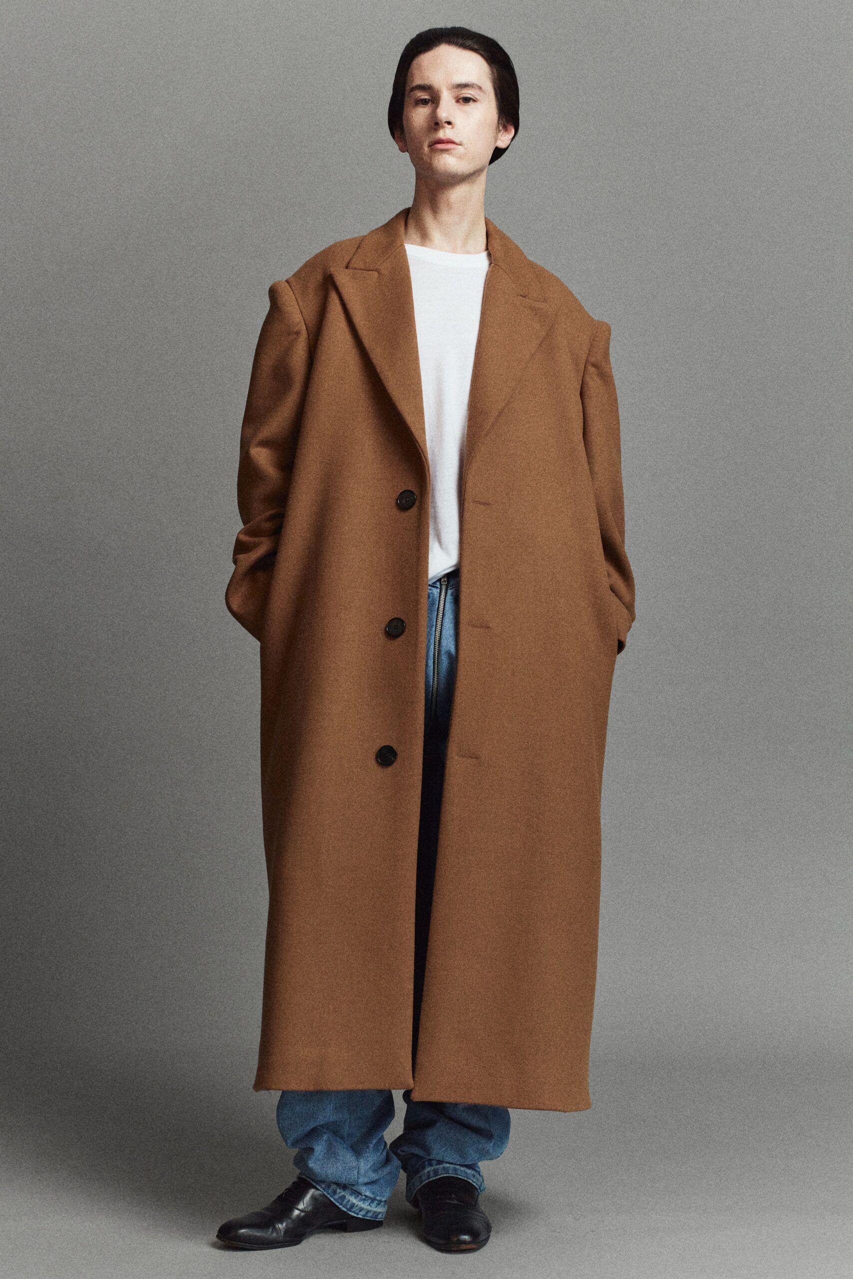brown wool long-sleeve collared oversized buttoned maxi coat