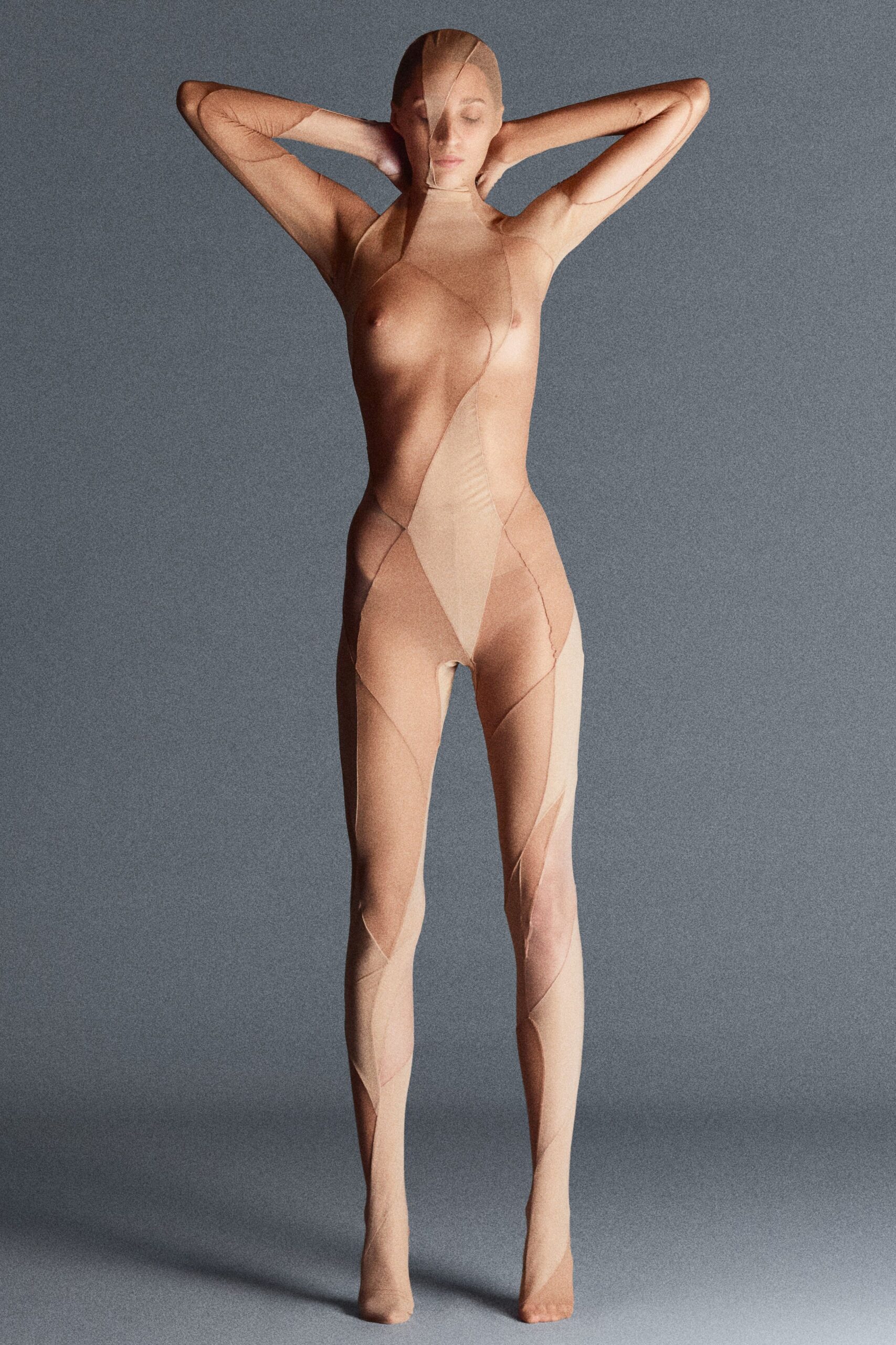 beige mesh fitted catsuit