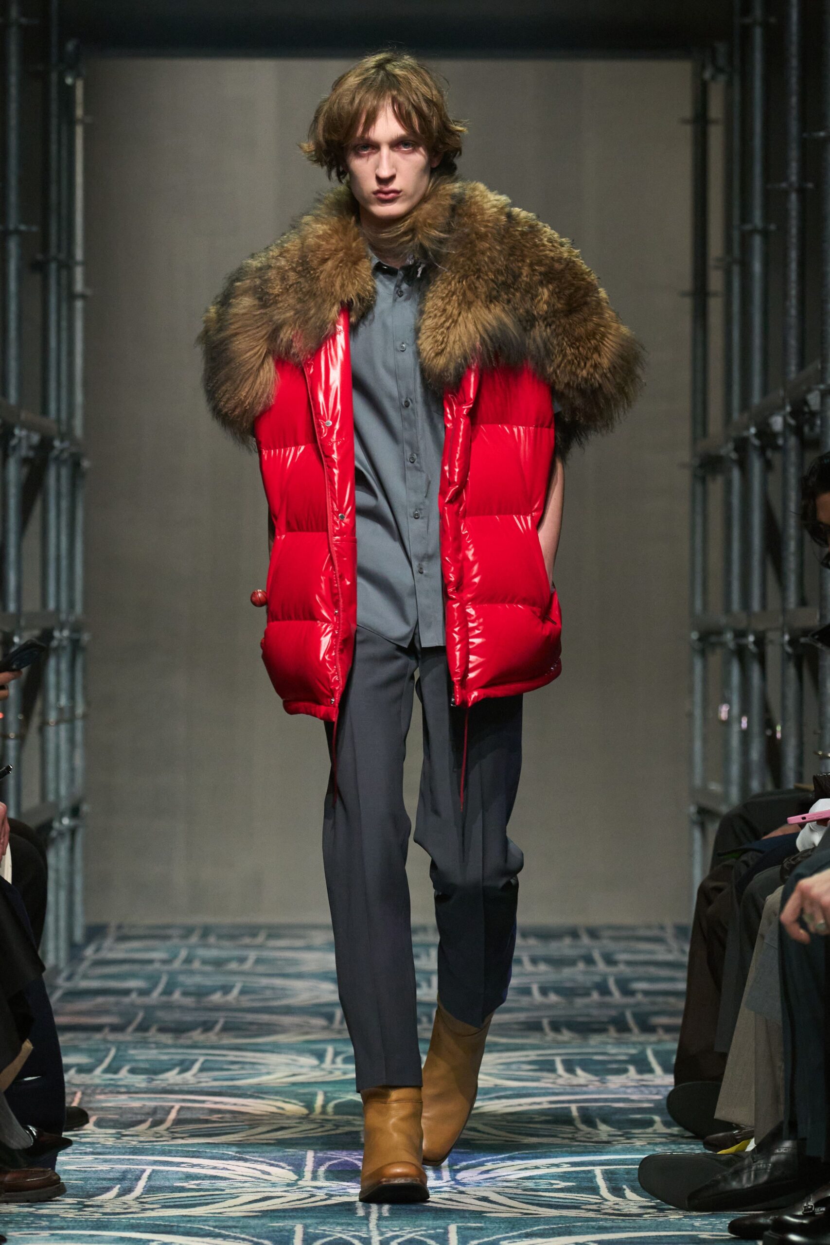 red vinyl long-sleeve collared fitted padded coat