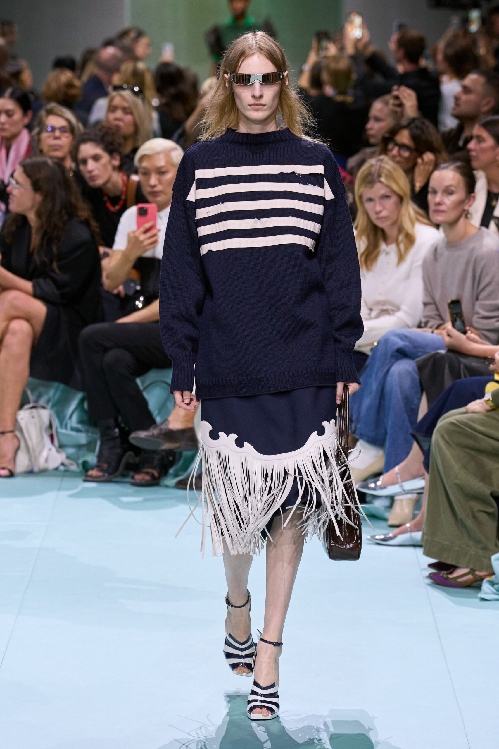 blue cotton fitted fringed midi skirt