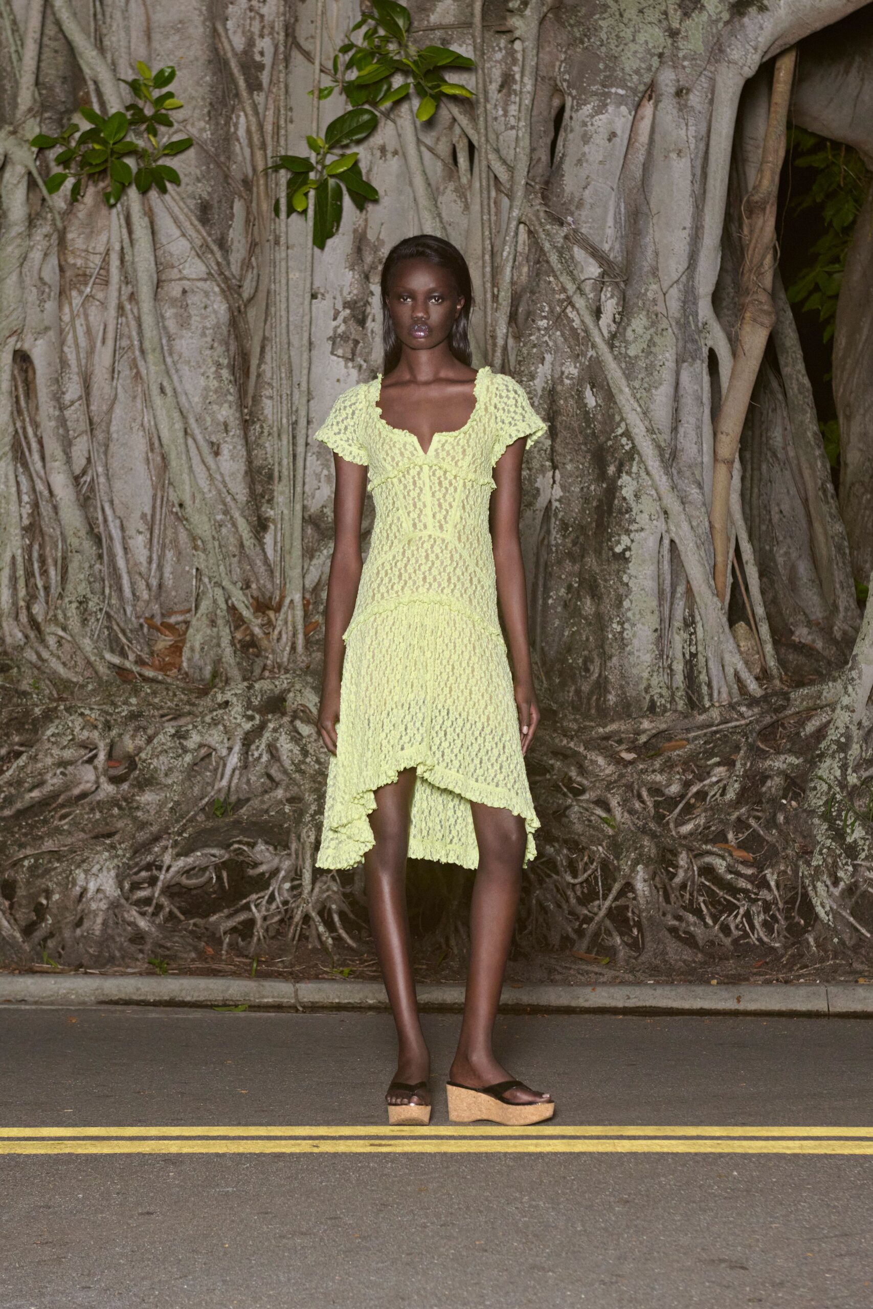 yellow cotton sleeveless v-neck fitted ruffled layered dress