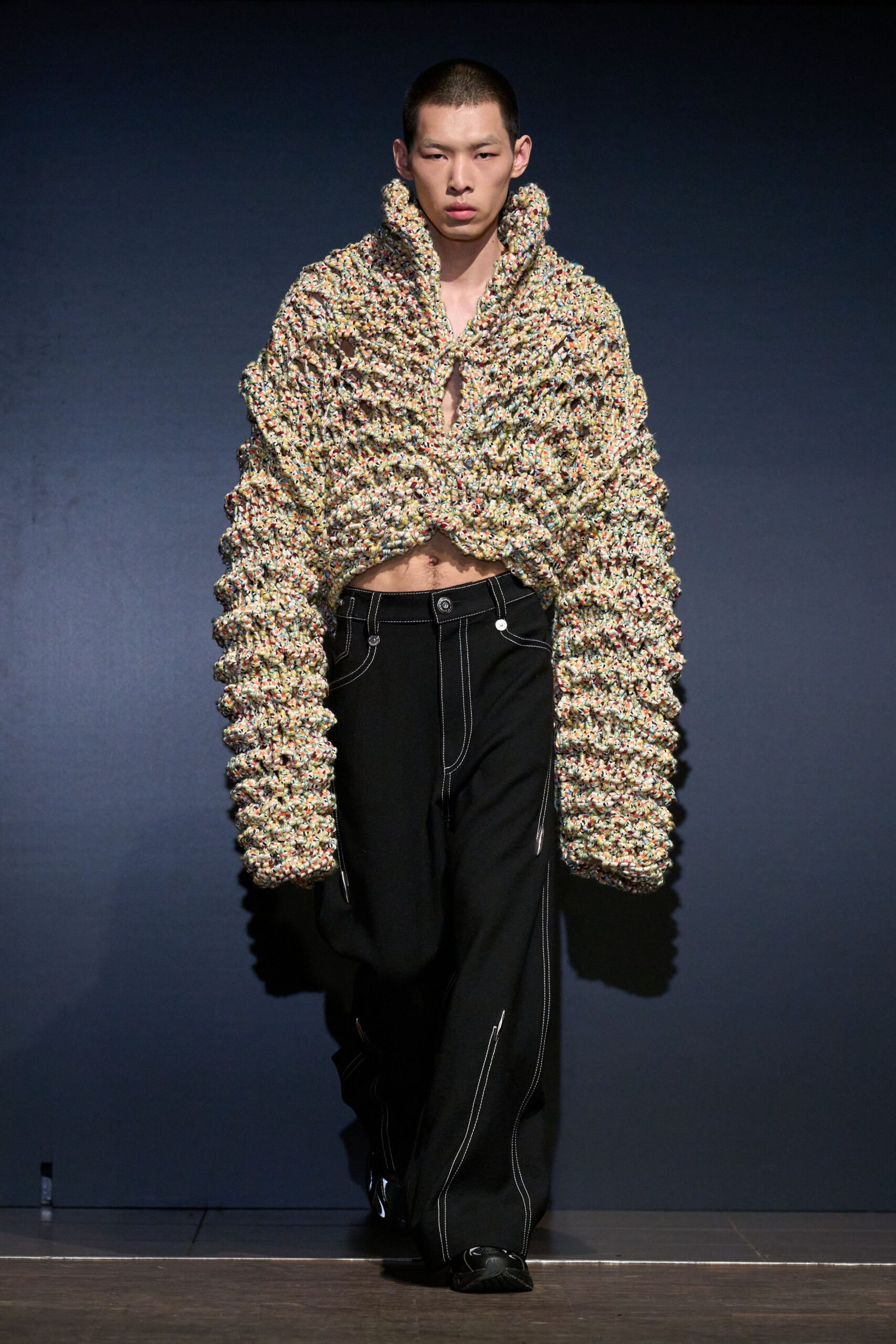 multi knit long-sleeve collared relaxed layered top
