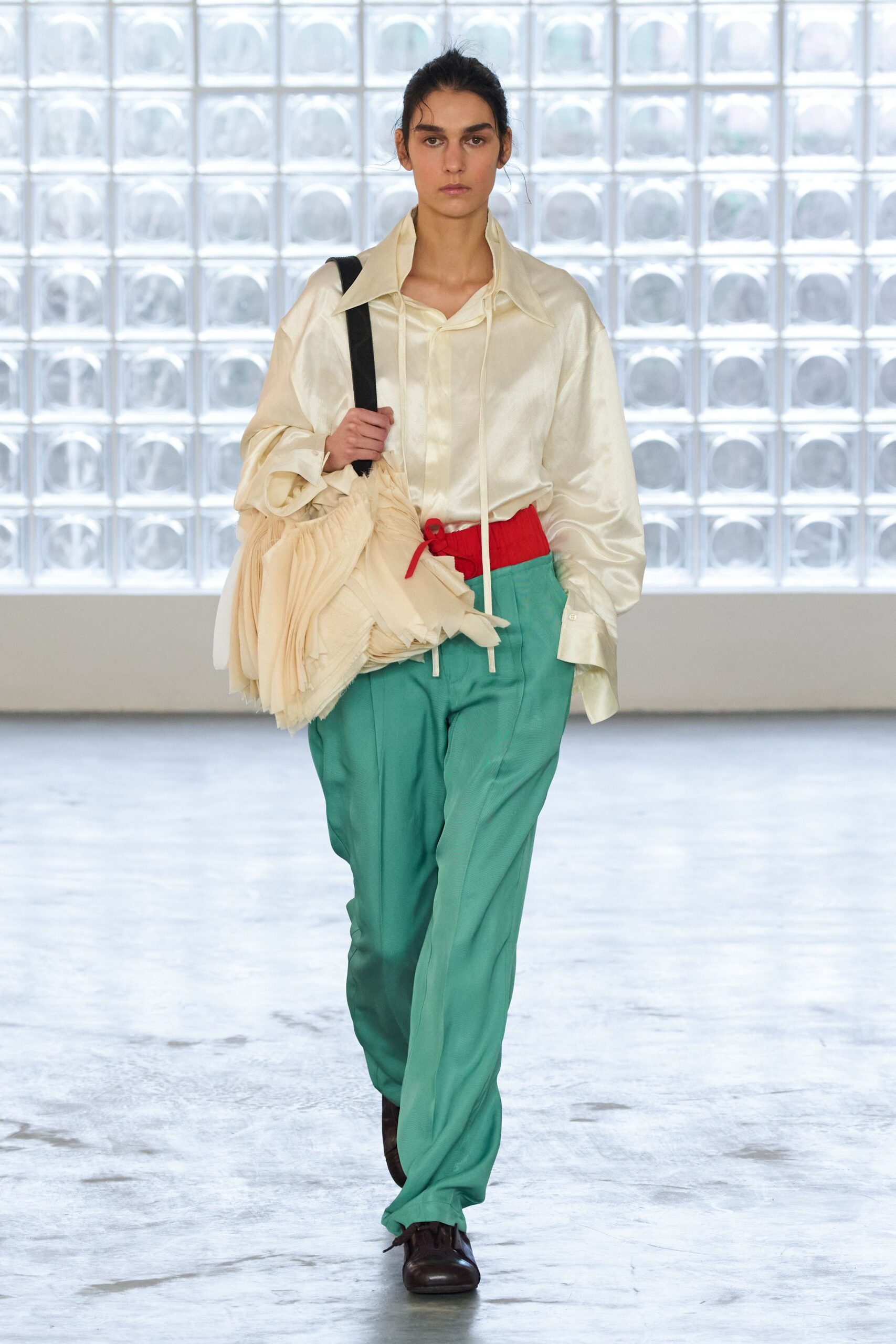 white silk shirt green pants
