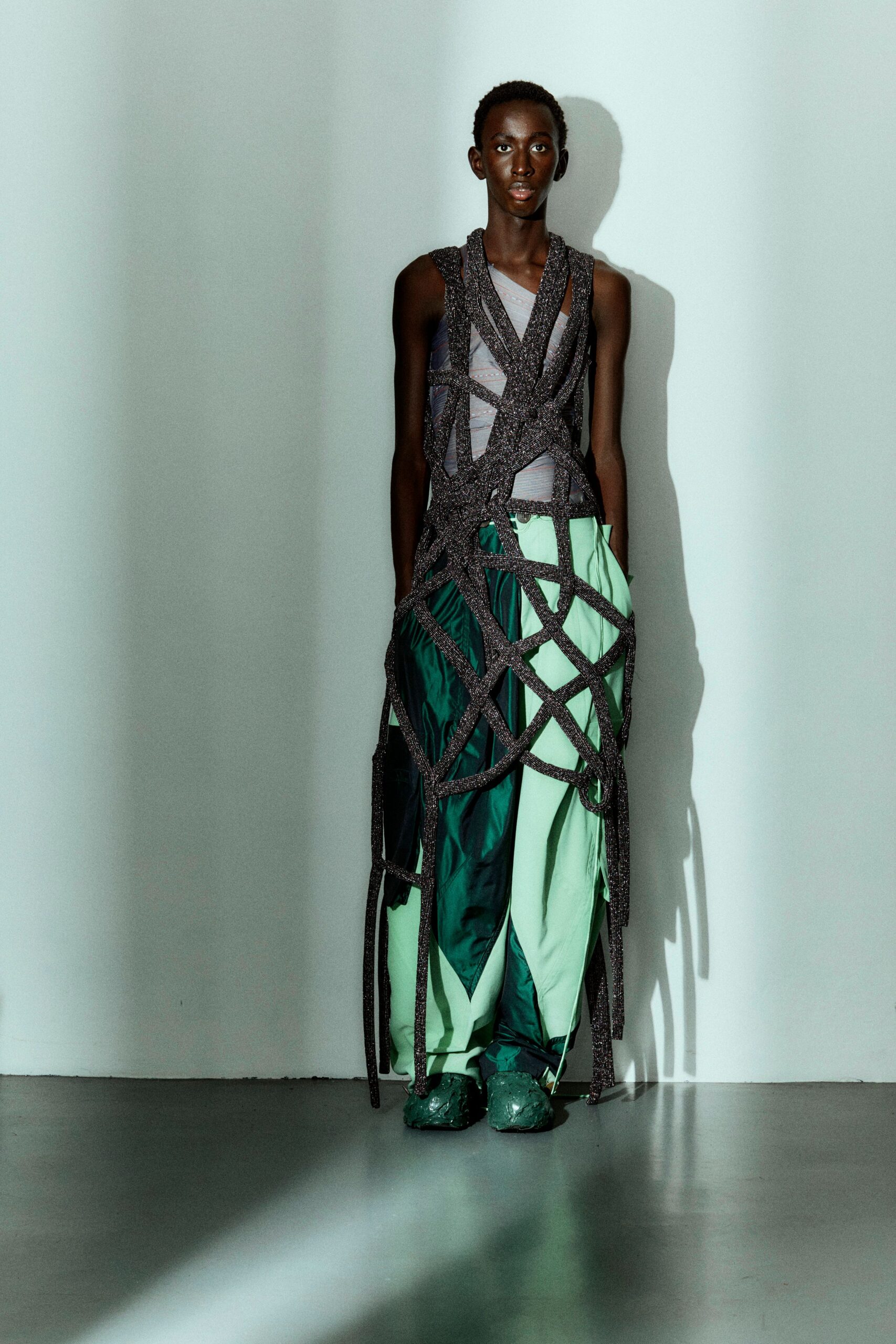 green silk relaxed zippered pants