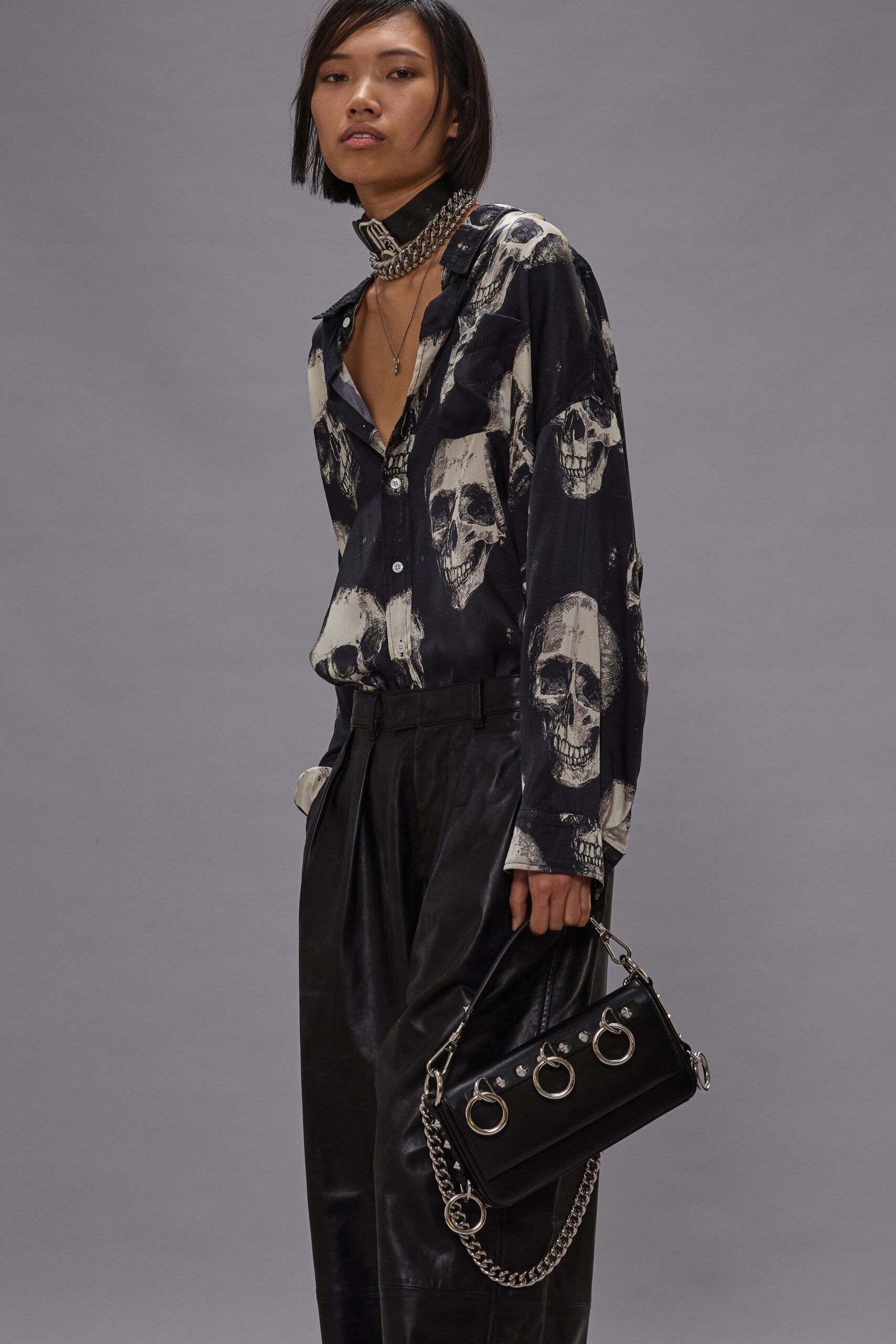 black printed silk shirt with leather pants