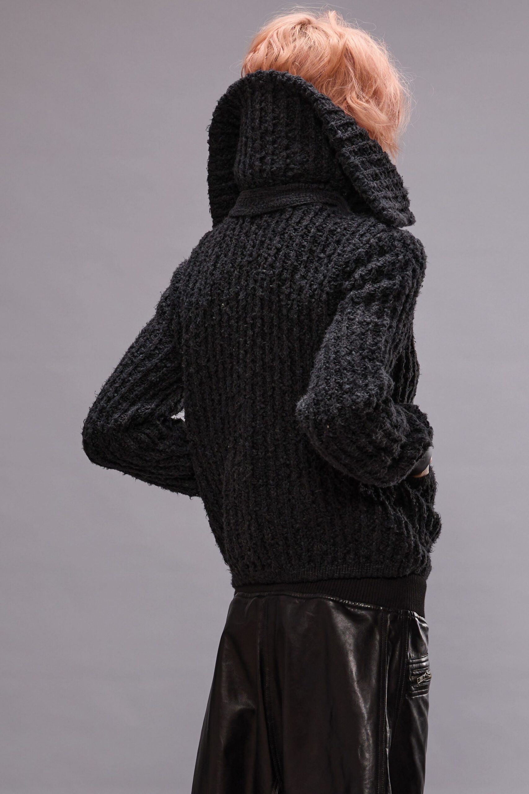 black wool long-sleeve high-neck fitted textured sweater