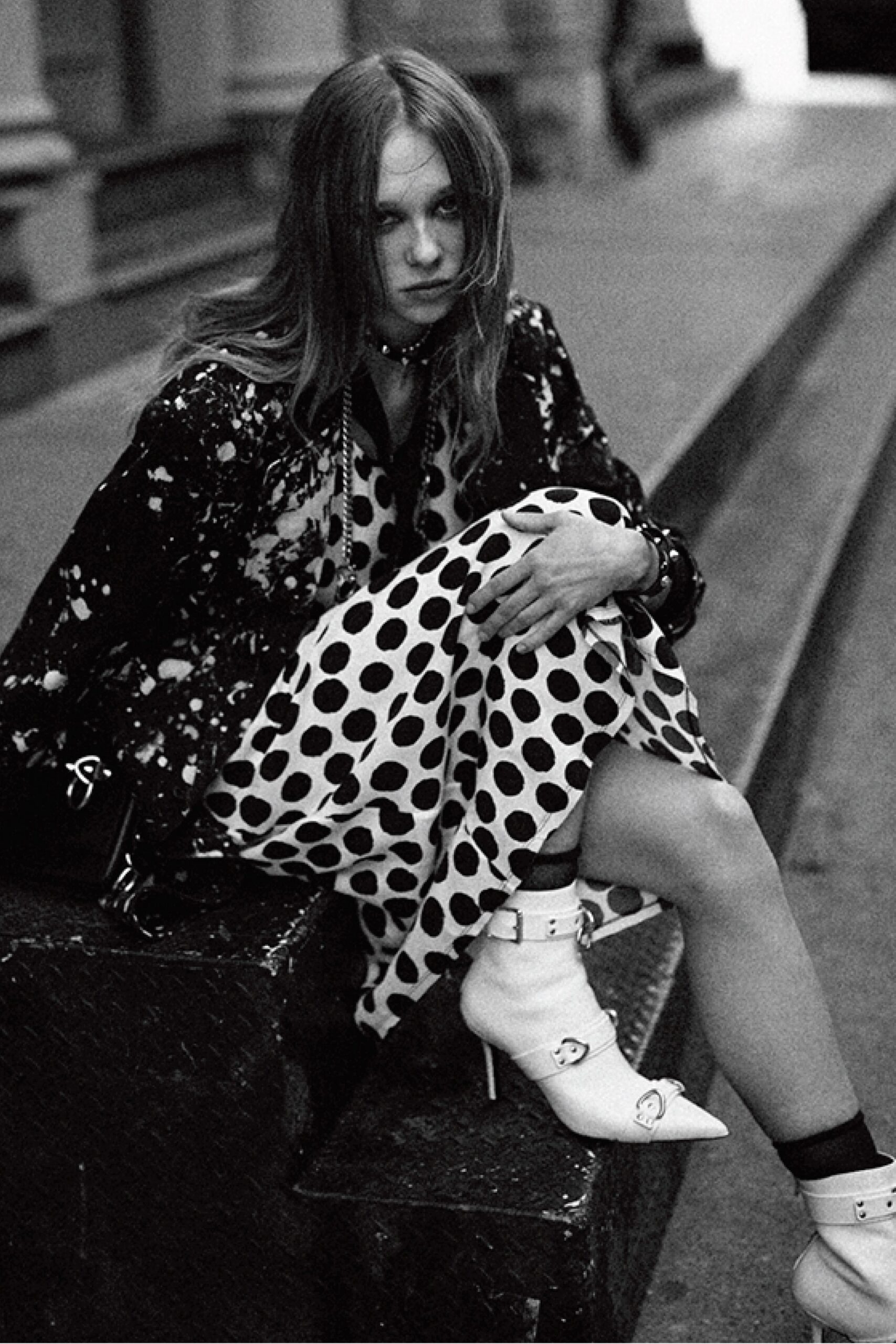 black silk long-sleeve collared relaxed polka-dot midi dress