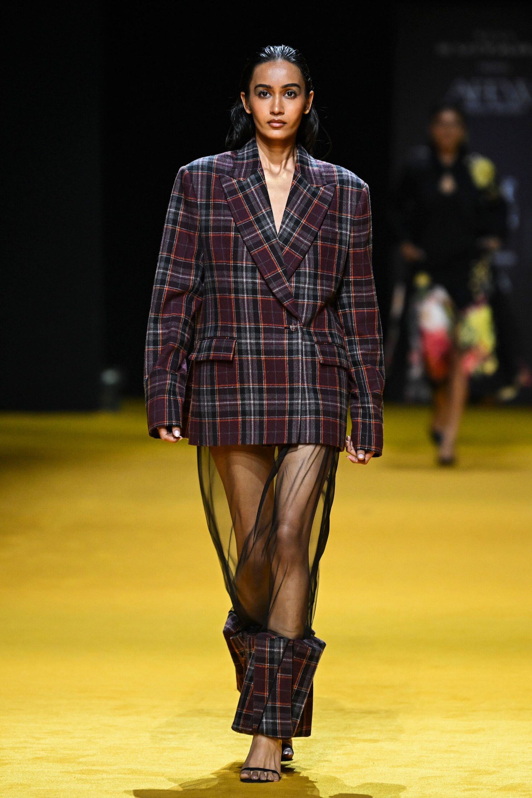 checked blazer with sheer skirt