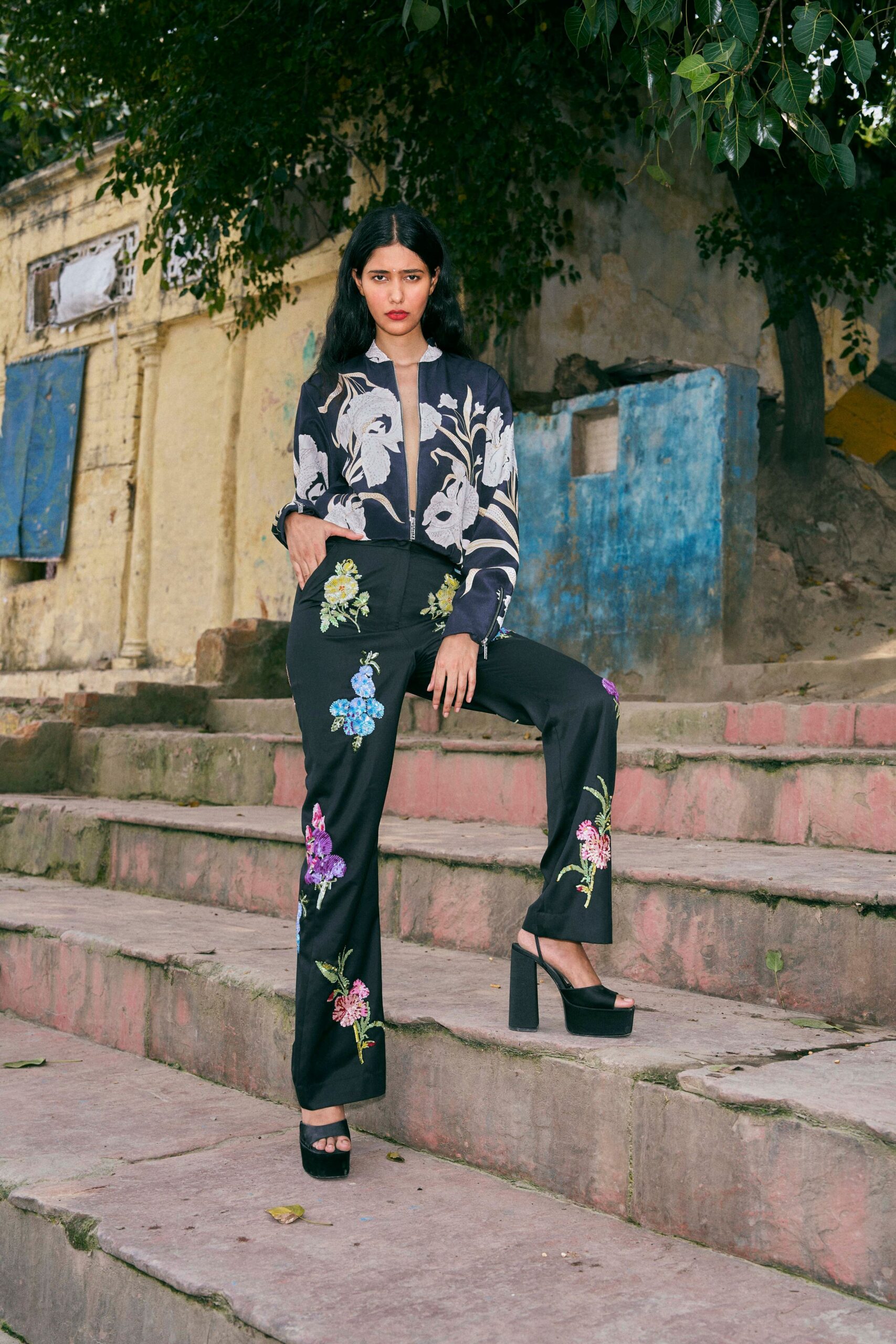 black cotton fitted flared embroidered pants