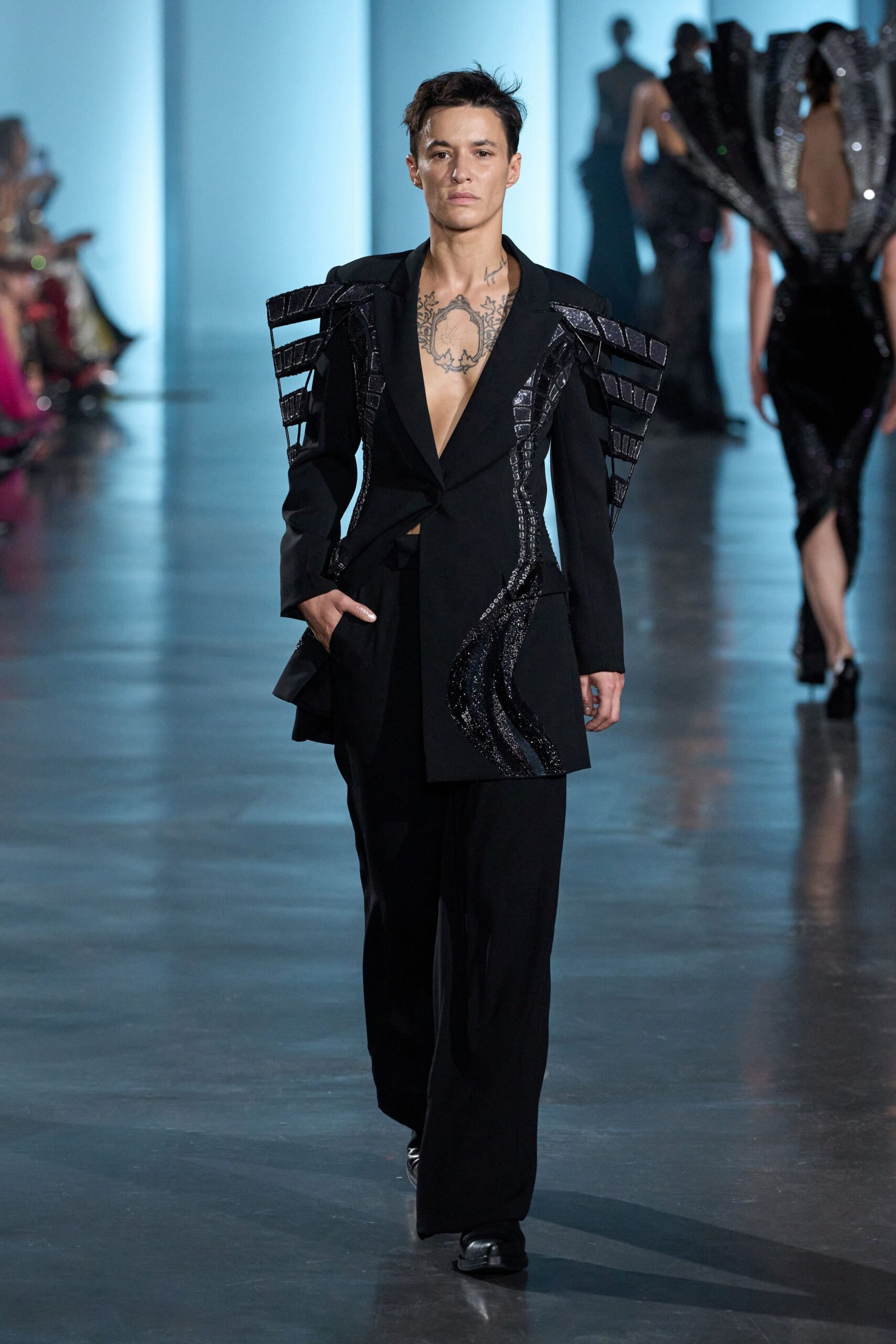 black embellished blazer with tailored pants