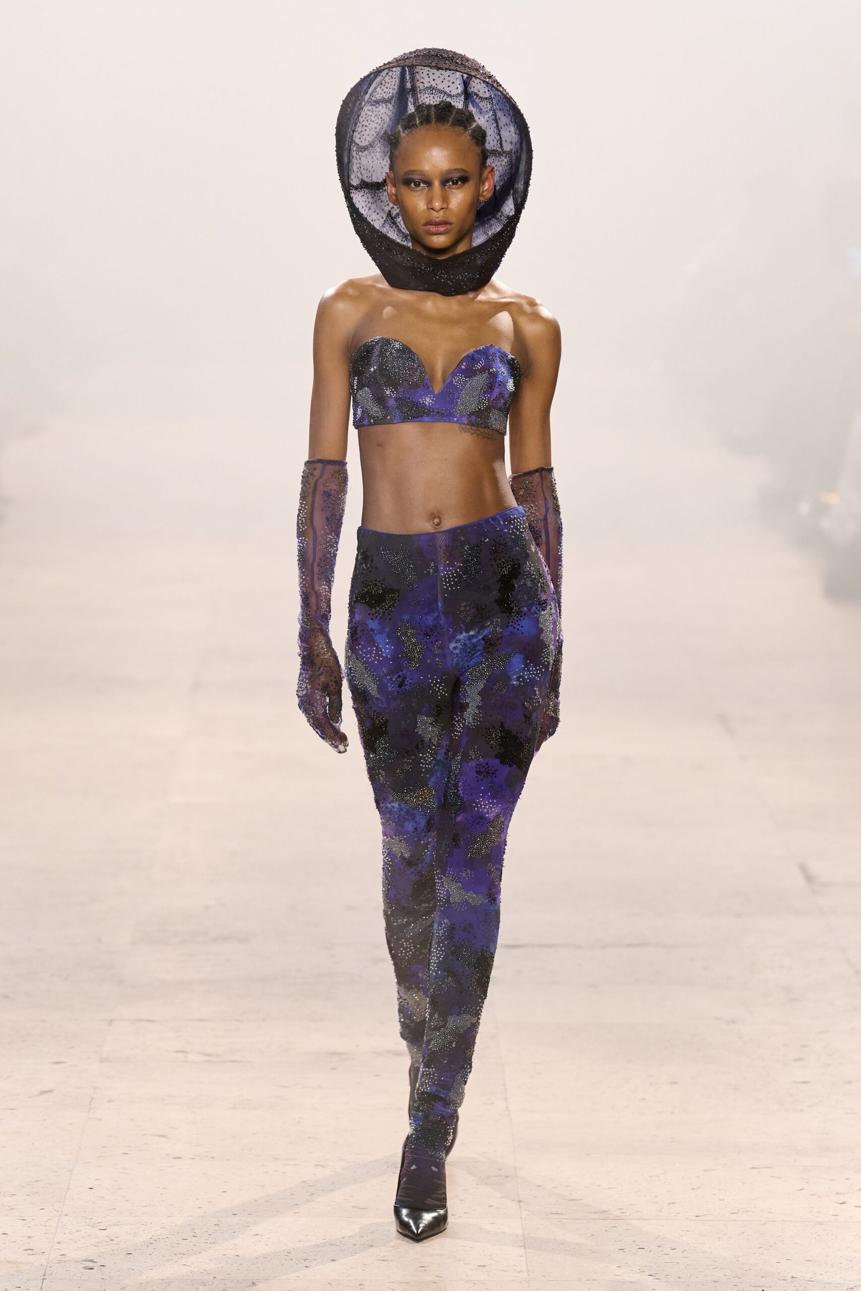 purple lace sleeveless strapless fitted beaded shiny crop-top