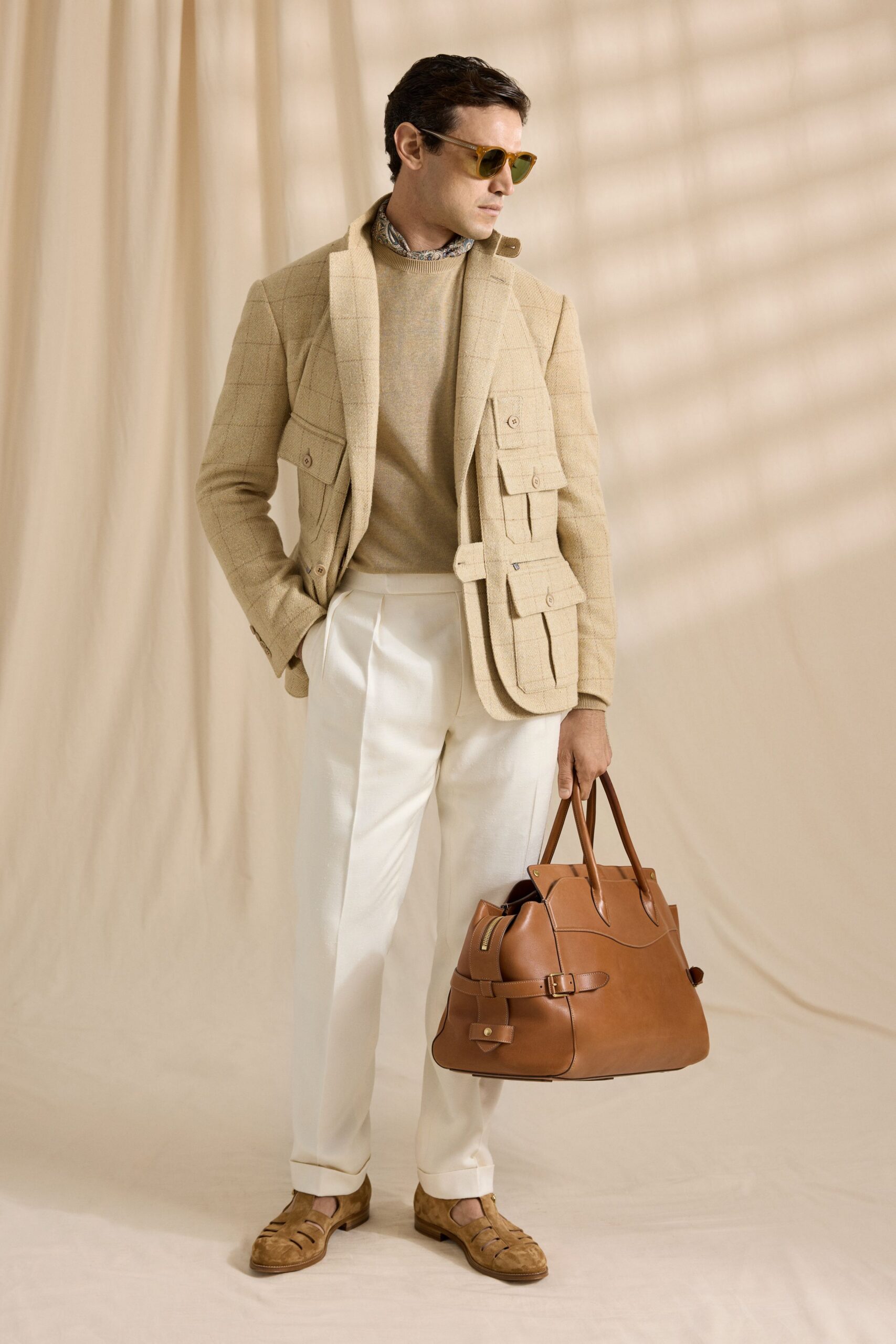 beige blazer gray sweater white pants