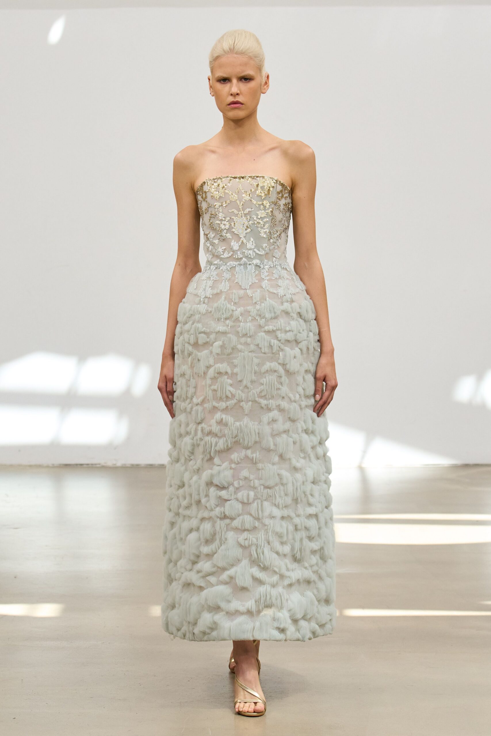 blue silk strapless fitted ruffled flowing maxi gown