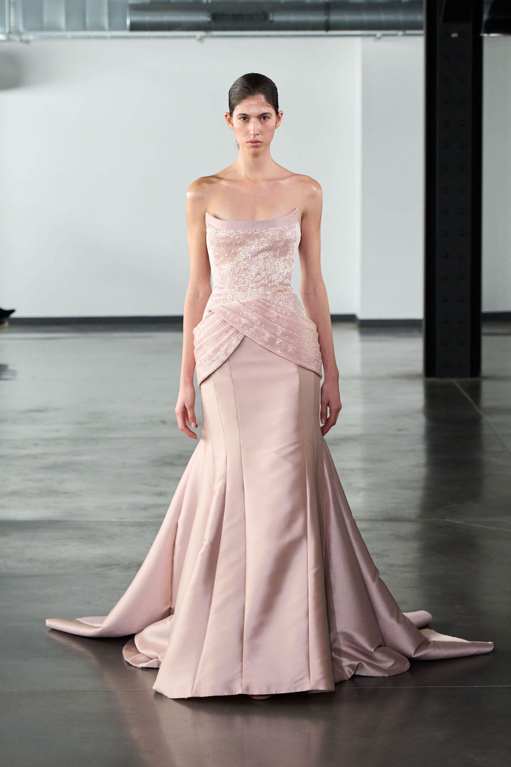 pink silk strapless gown