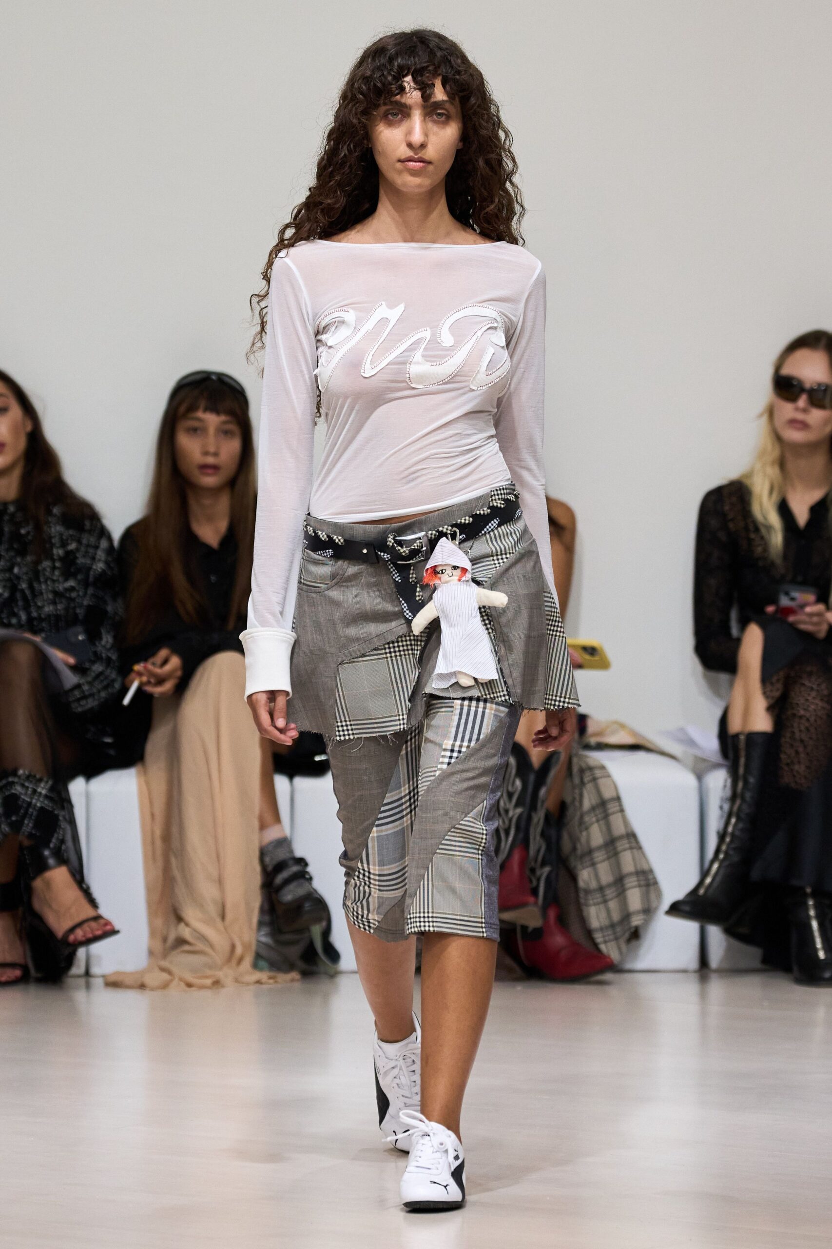 white fitted top gray checked skirt