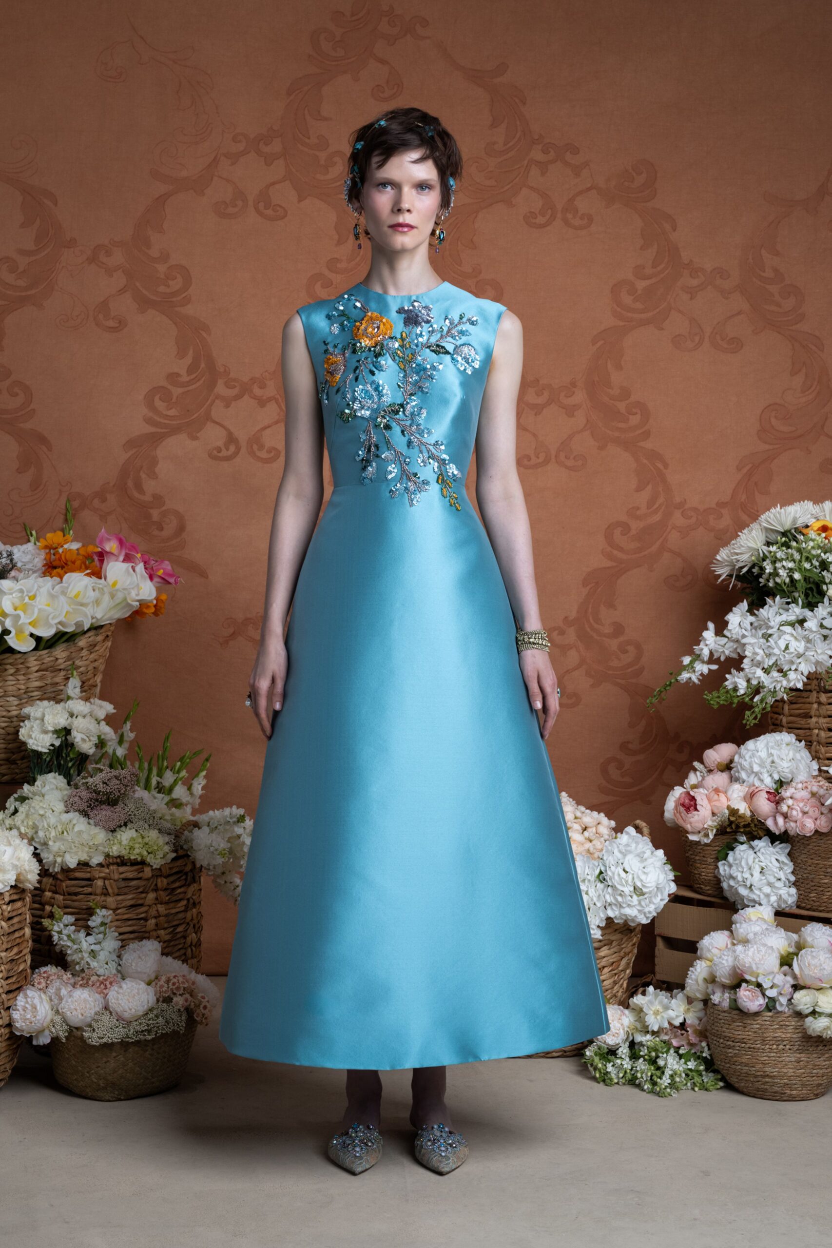 blue silk embroidered gown