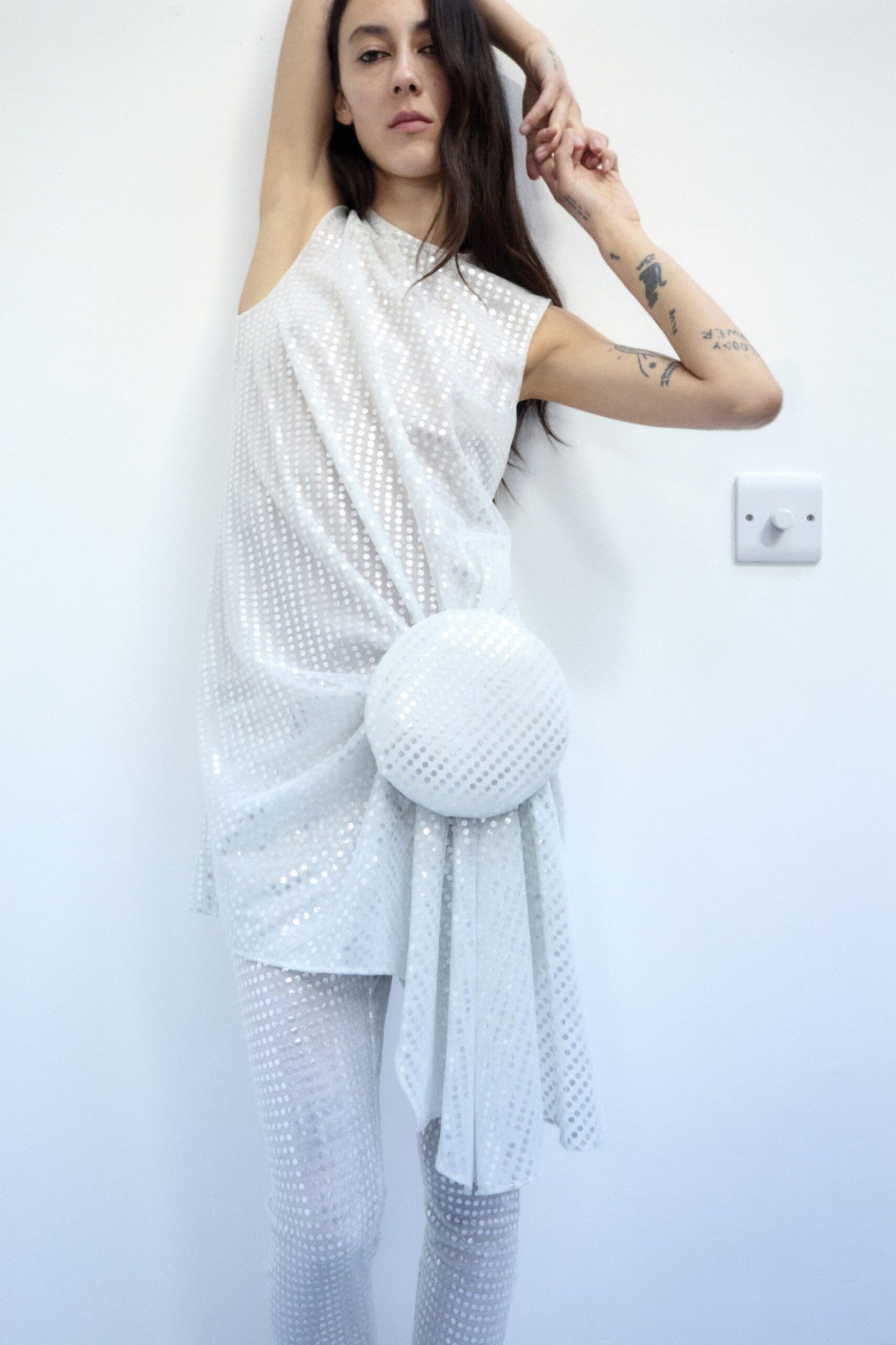 white embellished mini dress with pants