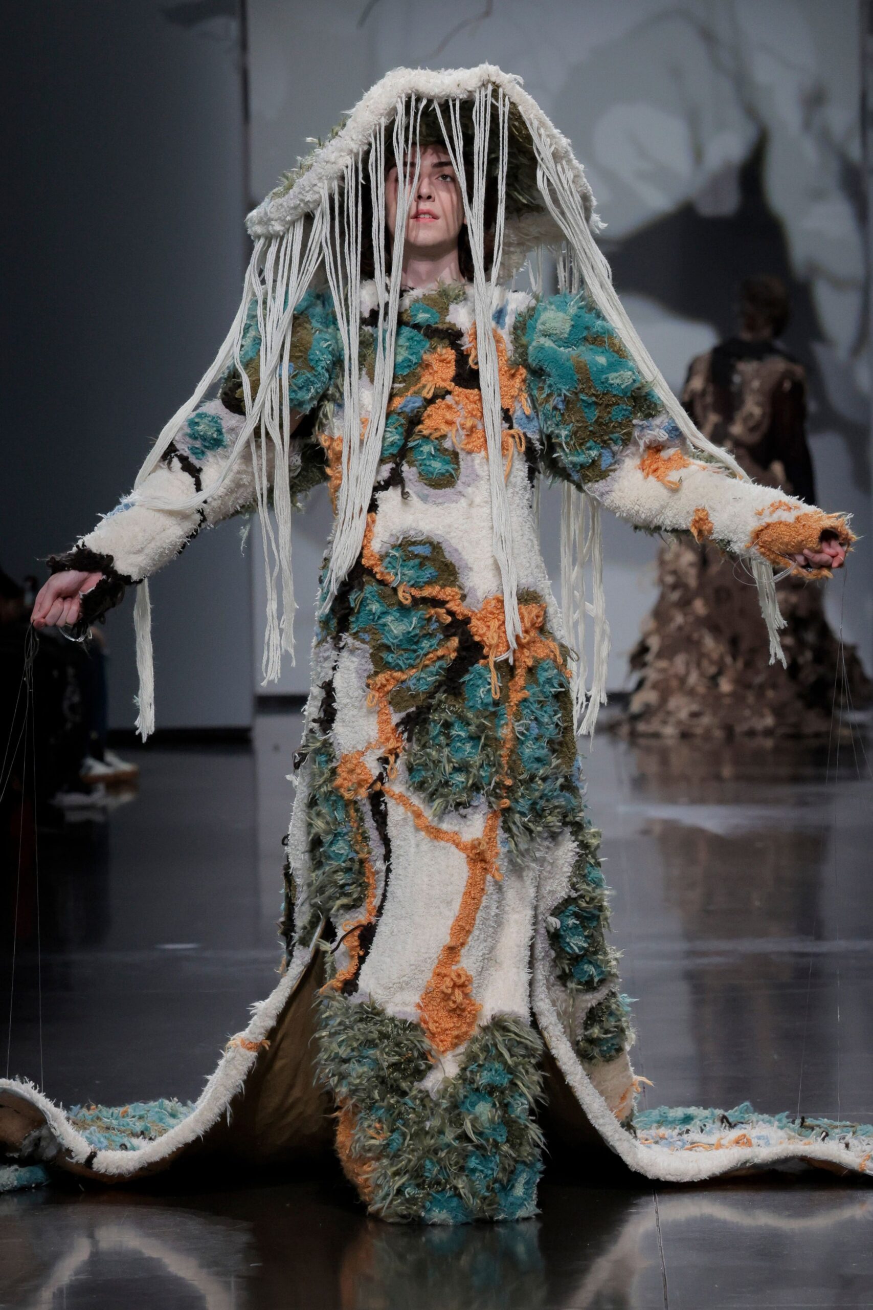 textured green and orange gown