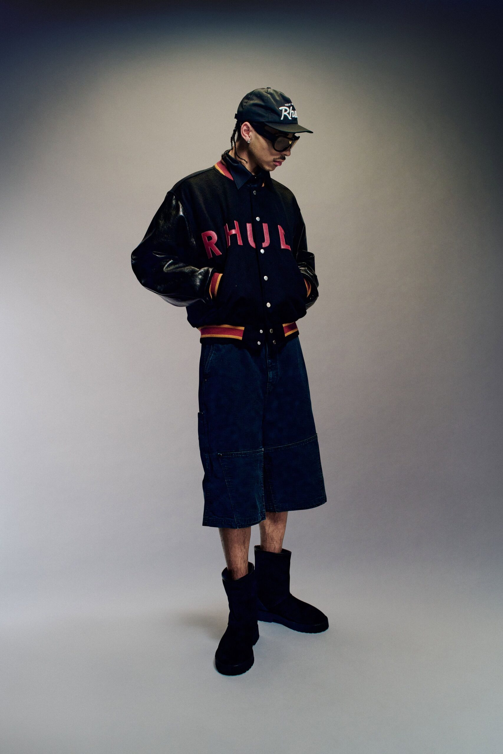 black and red relaxed jacket with denim shorts