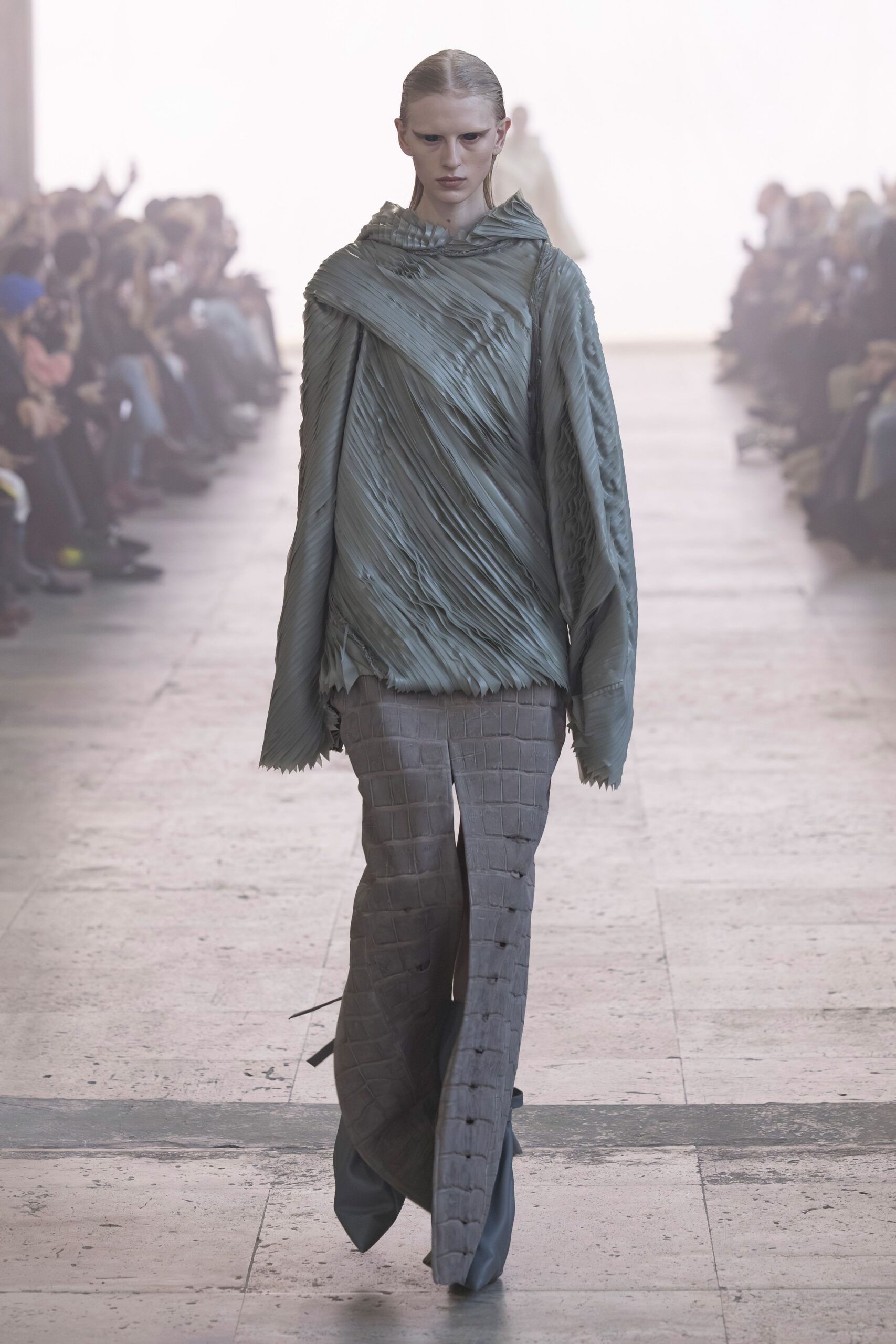 gray silk long-sleeve relaxed pleated flowing hoodie