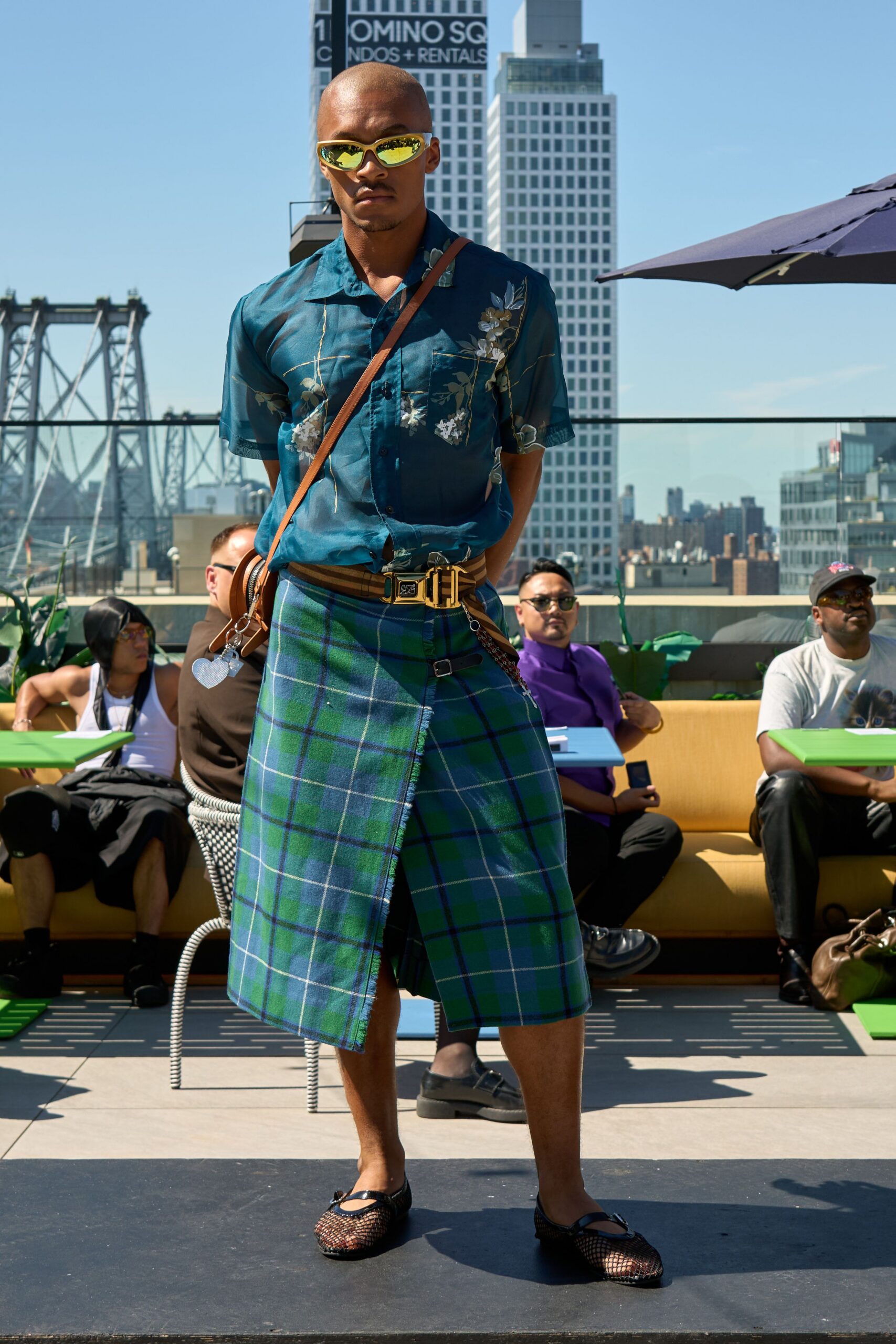blue printed shirt with green skirt