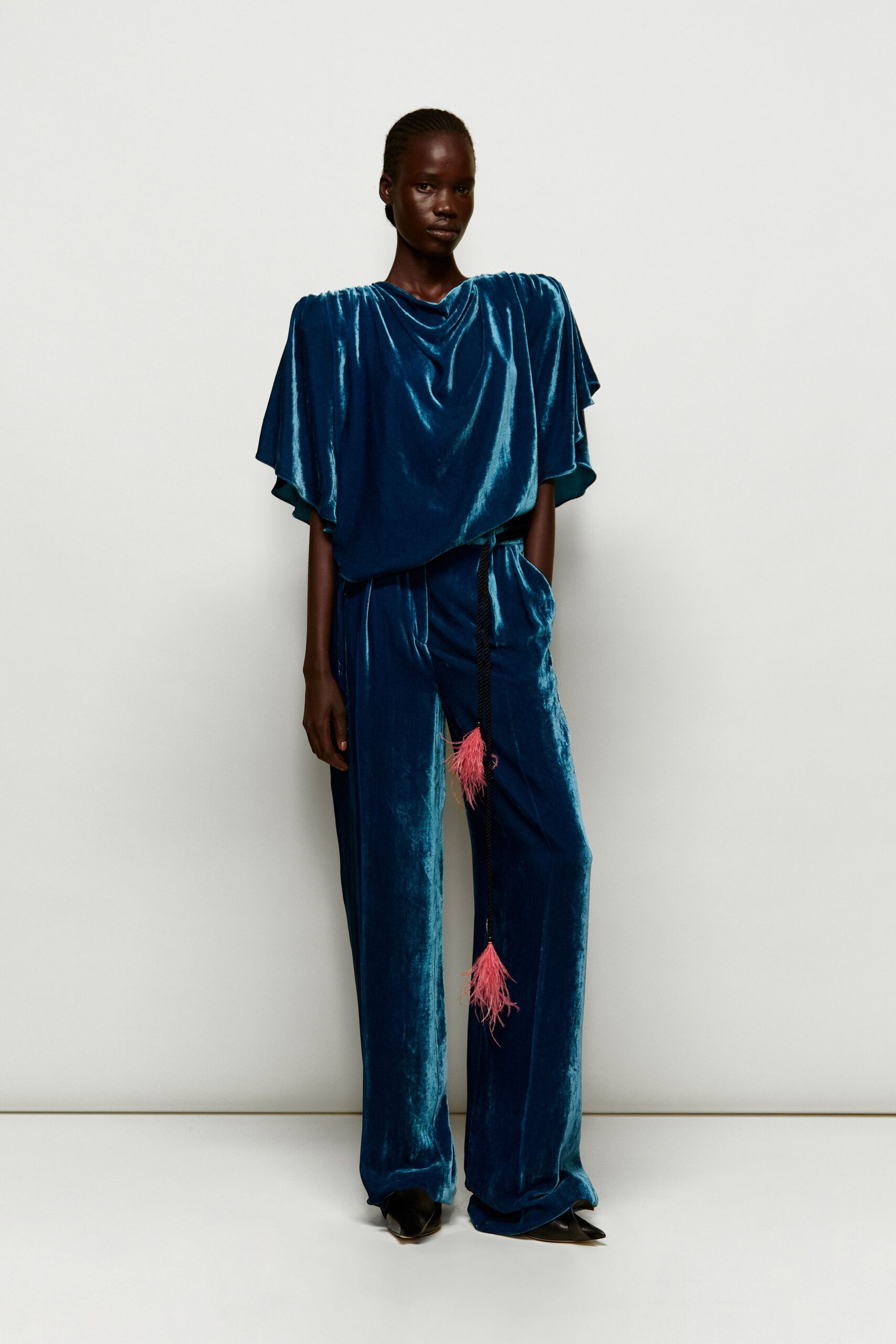 blue velvet short-sleeve high-neck relaxed draped shiny top