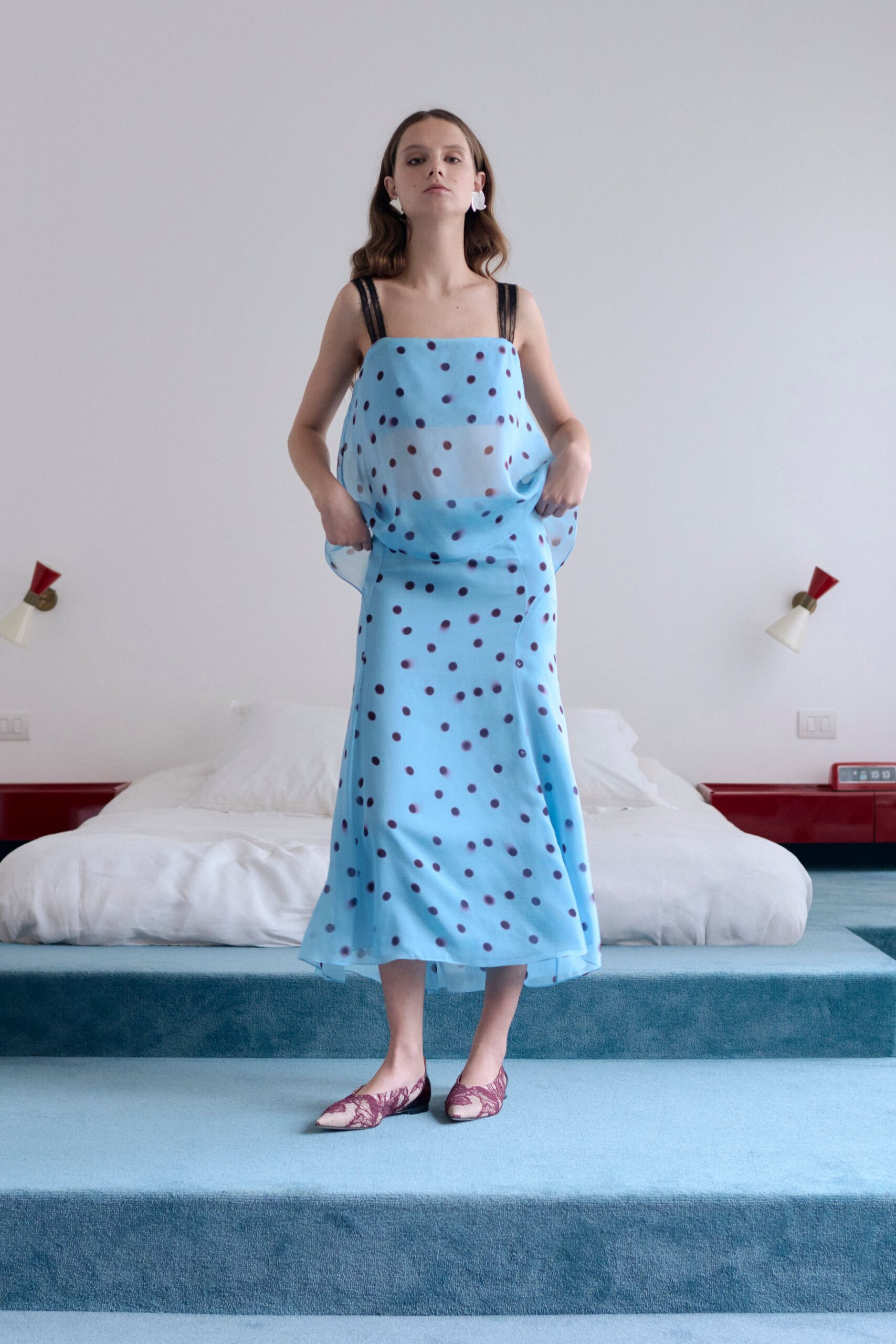 blue polka-dot midi dress with pink shoes