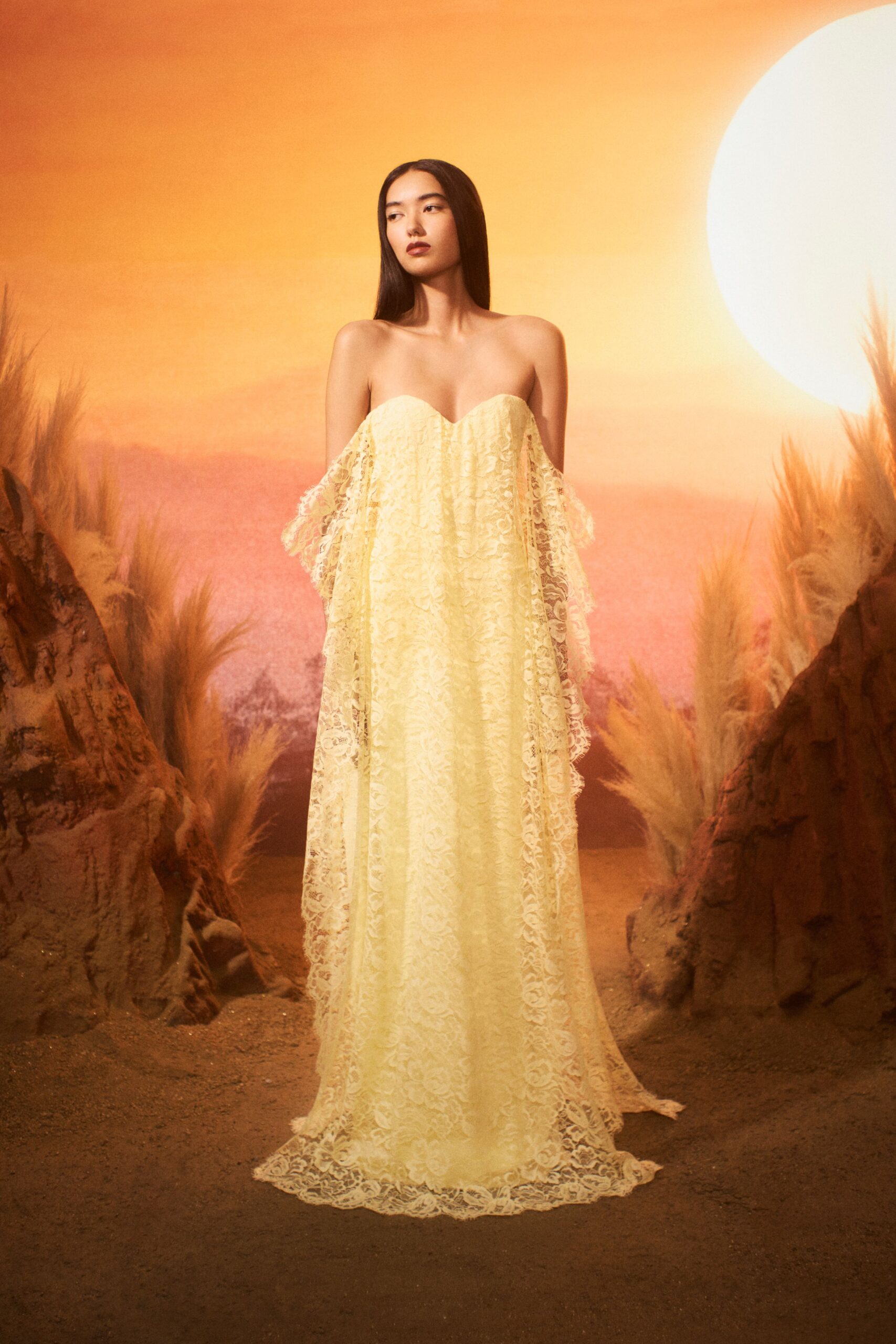 yellow lace strapless gown