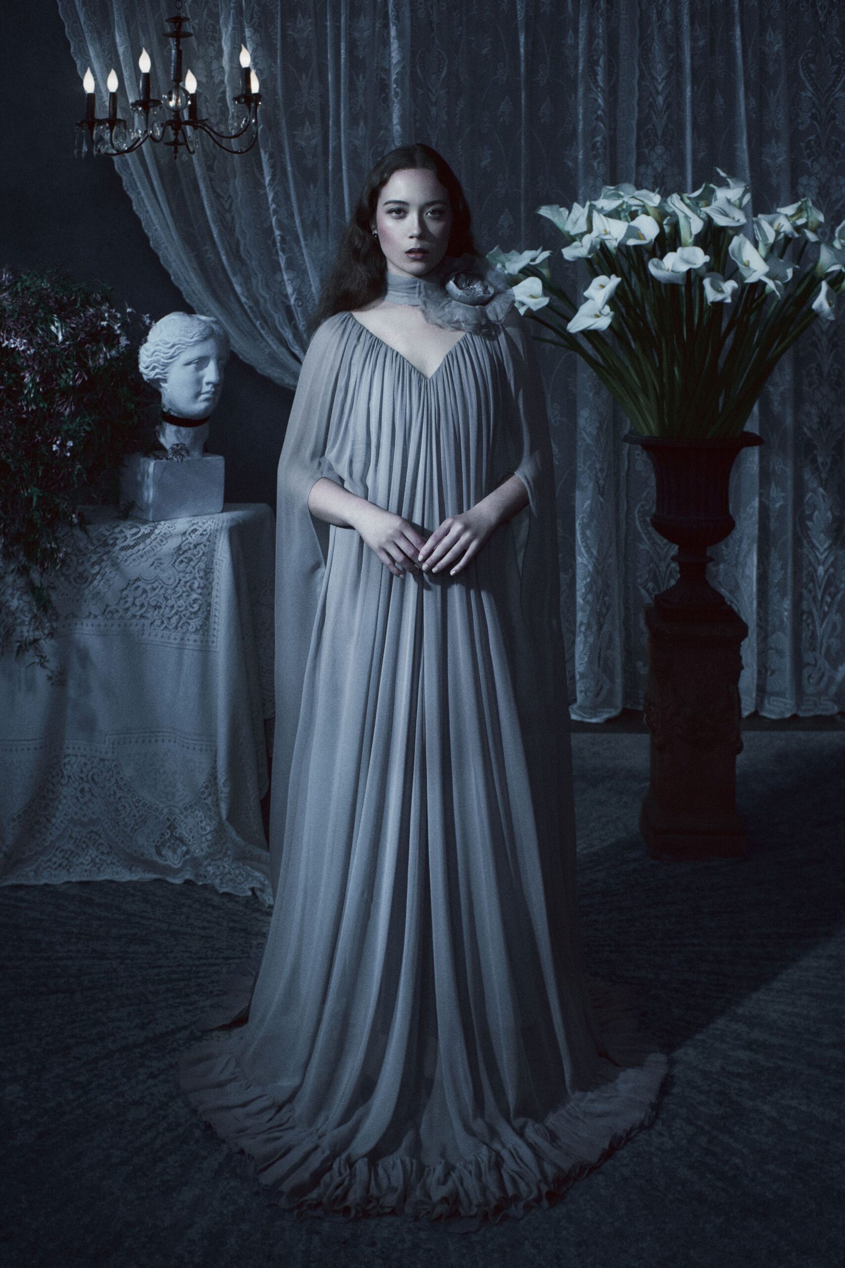 gray silk sleeveless gown
