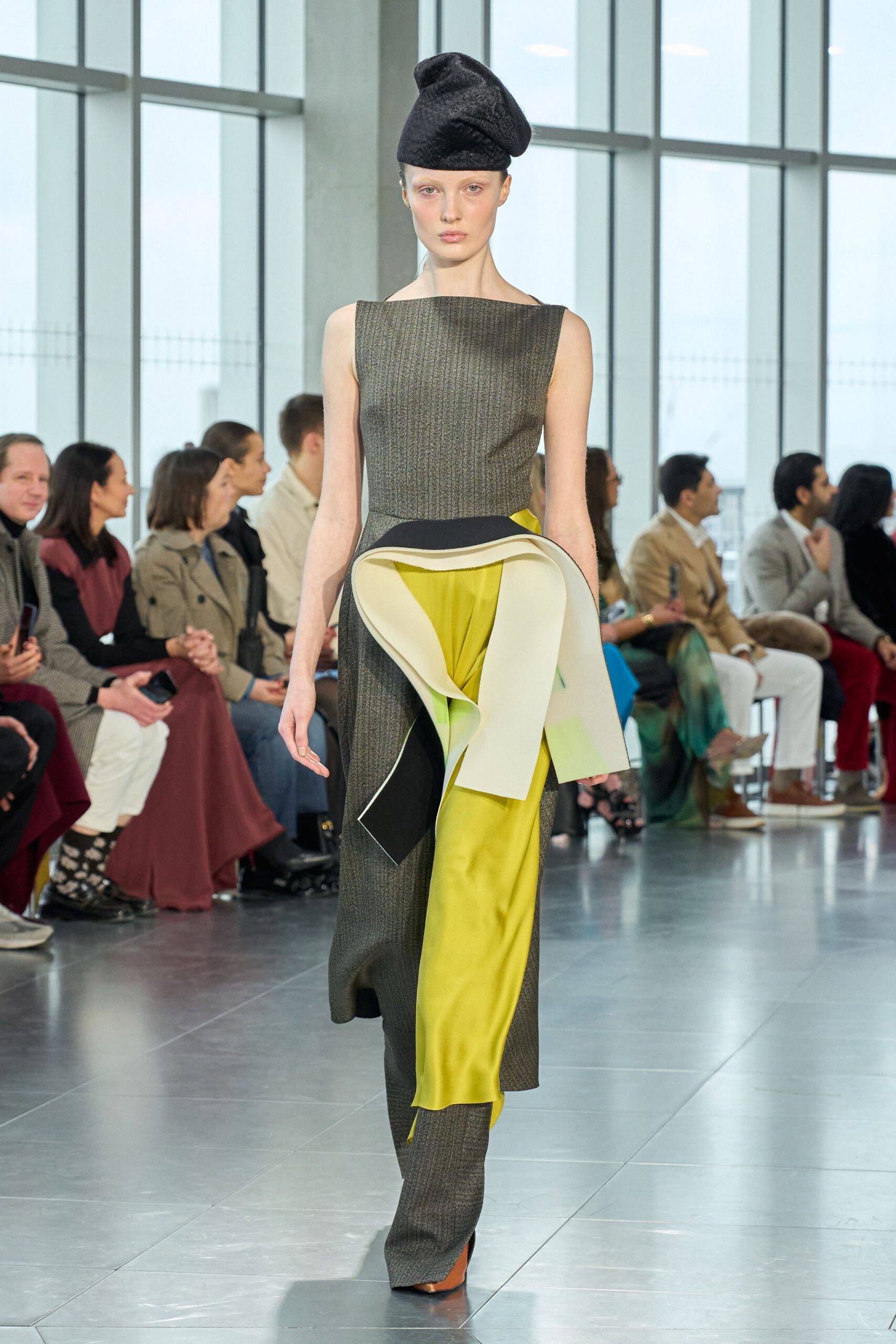 gray silk sleeveless v-neck fitted draped layered dress