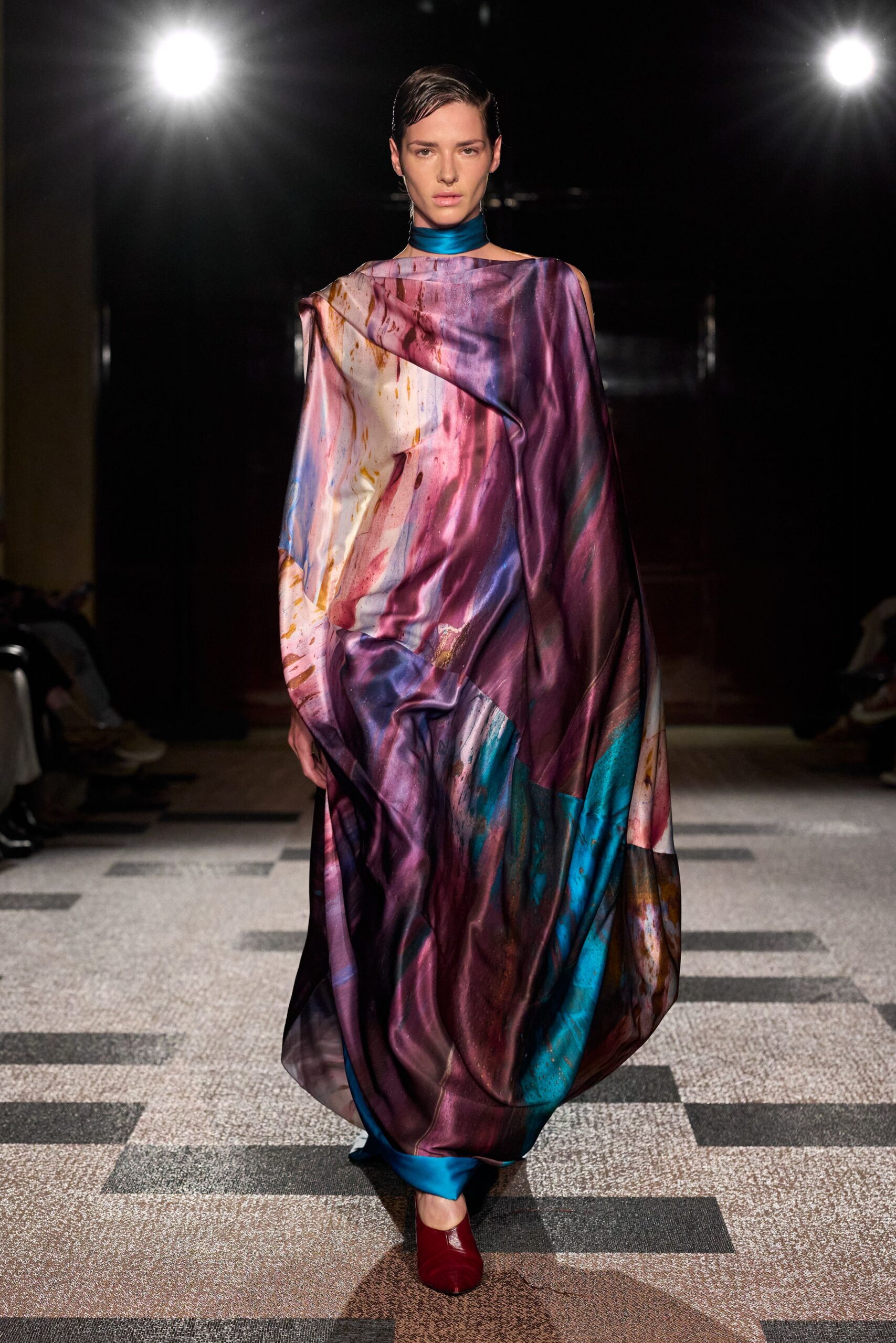 purple silk long-sleeve high-neck relaxed draped flowing gown