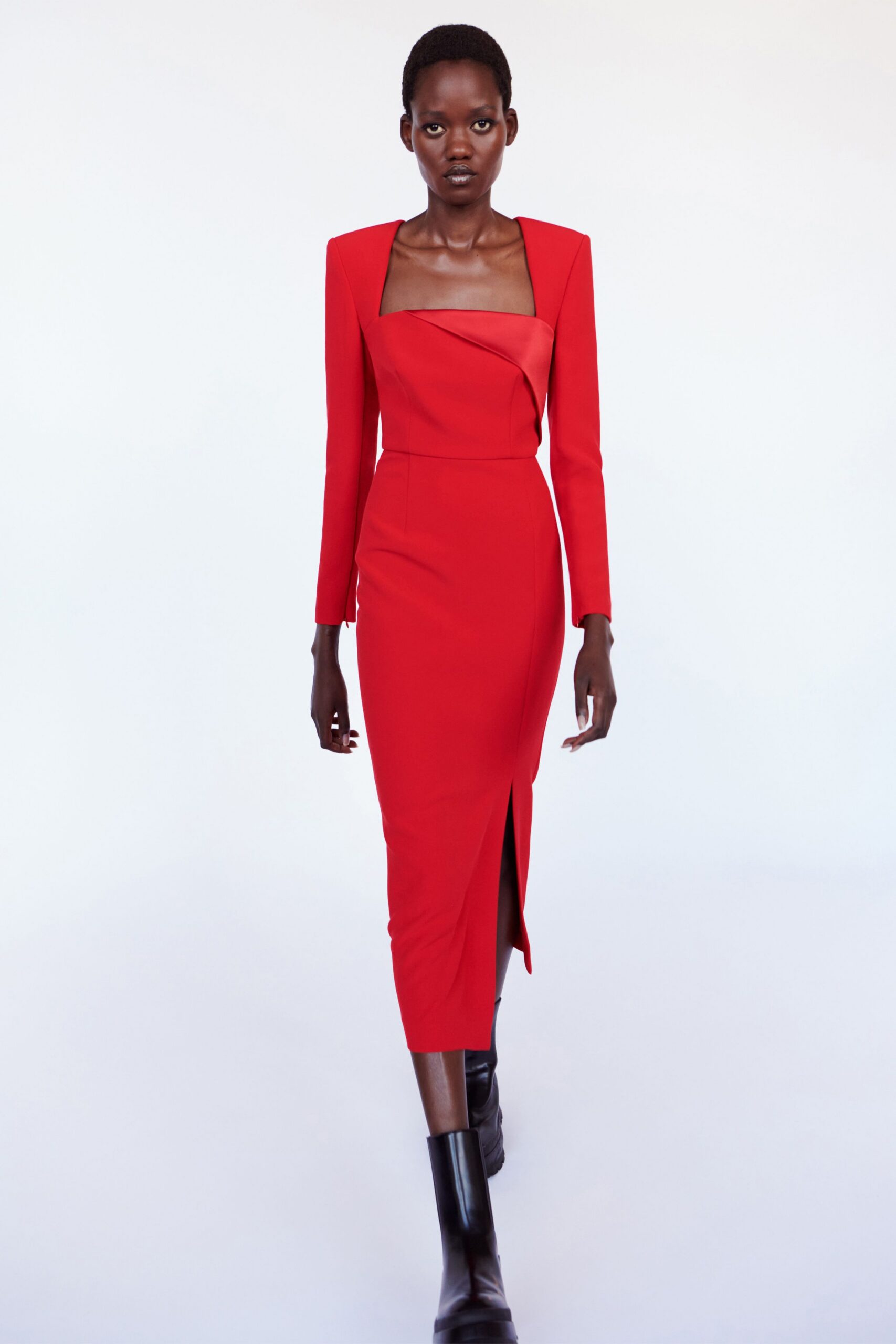 red cotton long-sleeve square-neck fitted midi dress