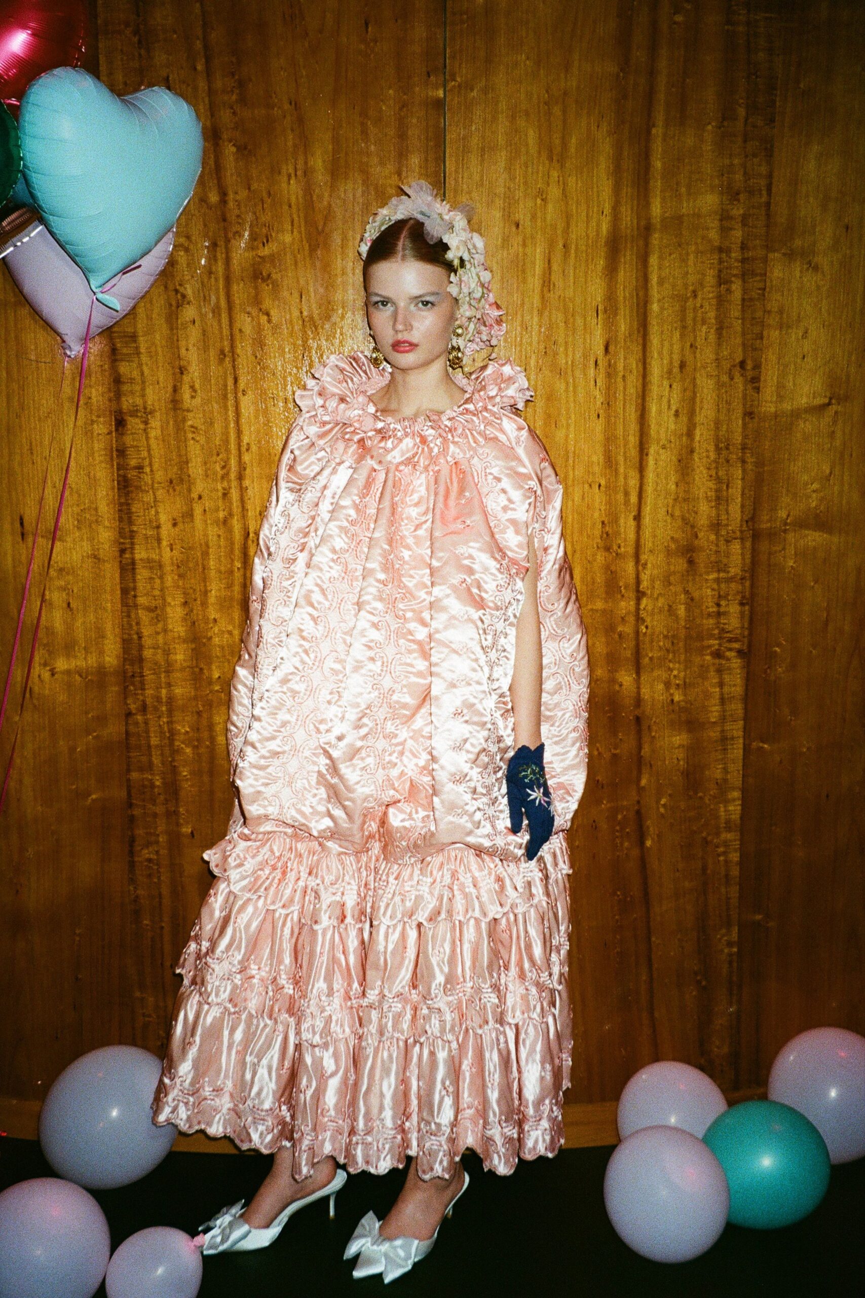 pink silk long-sleeve collared relaxed ruffled tiered dress