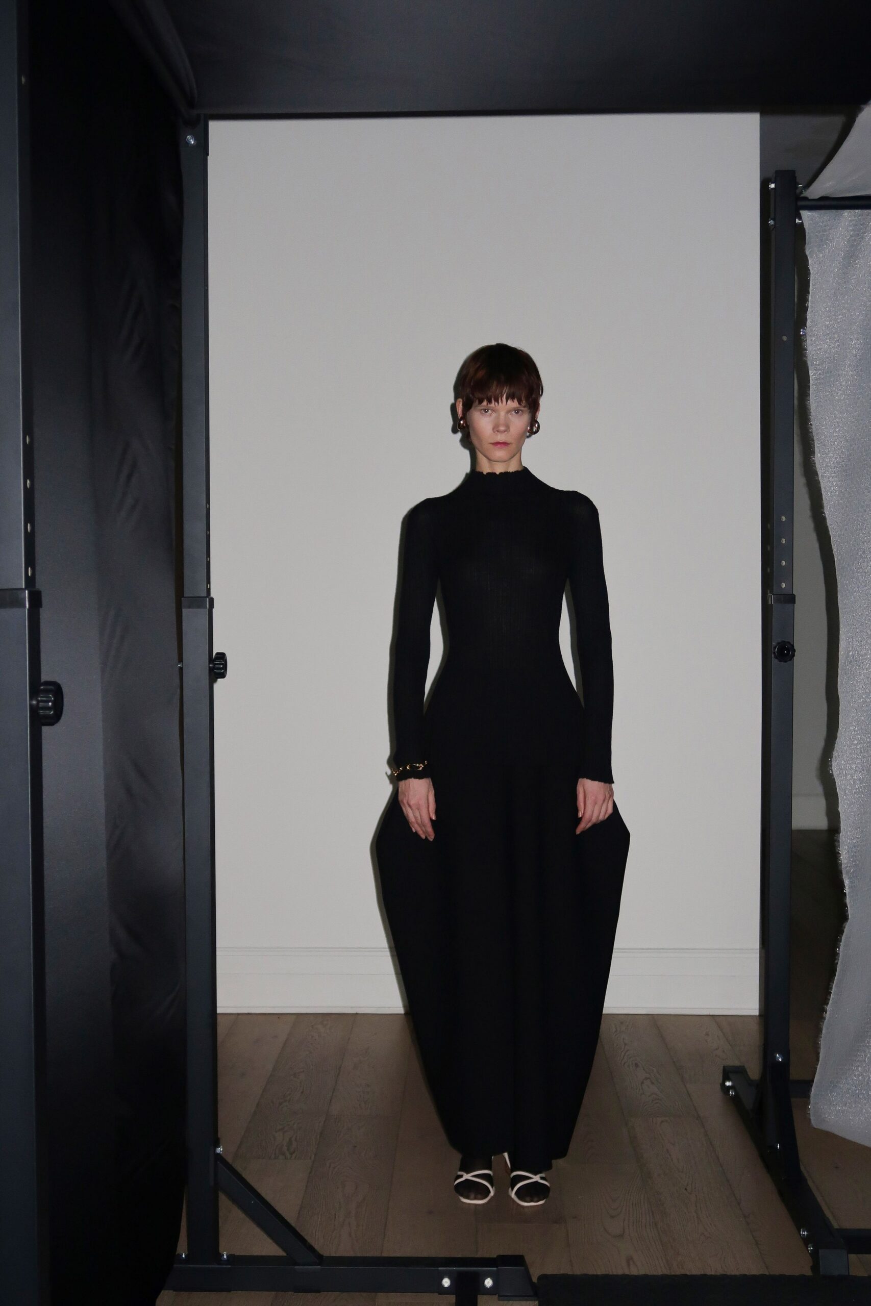 black knit long-sleeve high-neck fitted maxi gown